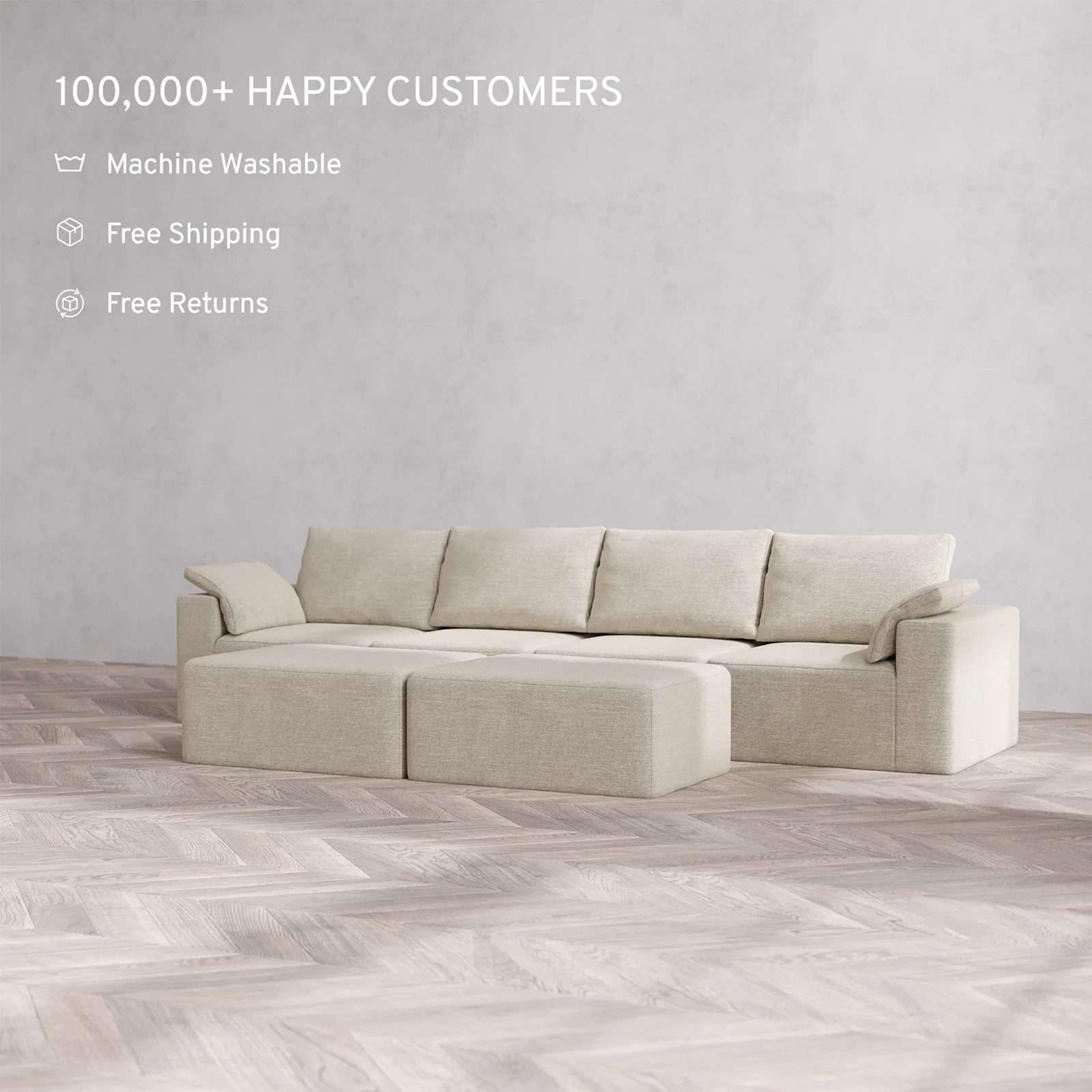 Slipcover Only - Modular Washable 4-Seater Cloud + Bolster Sofa + Chaise Ottoman Bench in Sandstone - Image 2