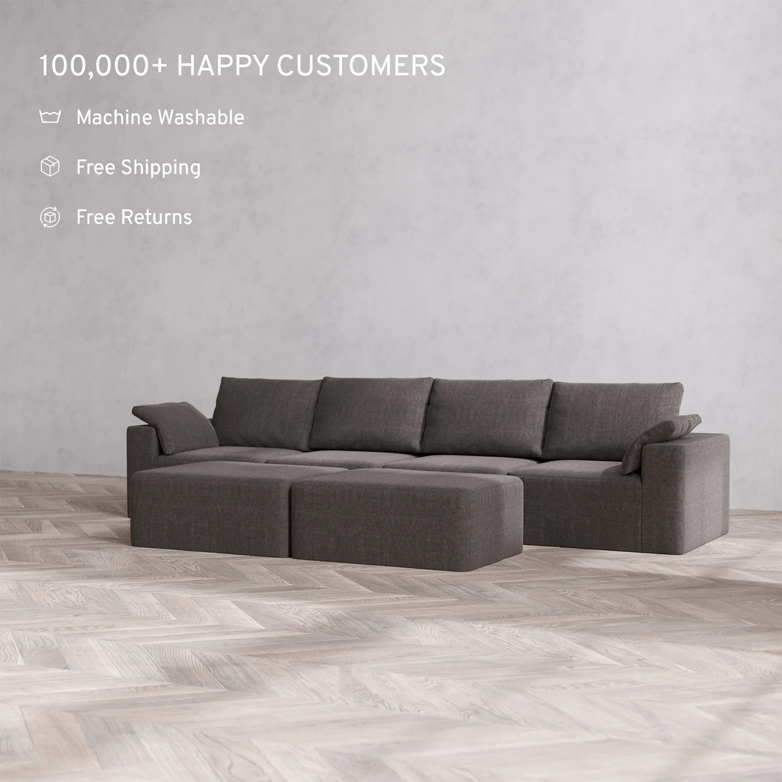 Slipcover Only - Modular Washable 4-Seater Cloud + Bolster Sofa + Chaise Ottoman Bench in Truffle - Image 2