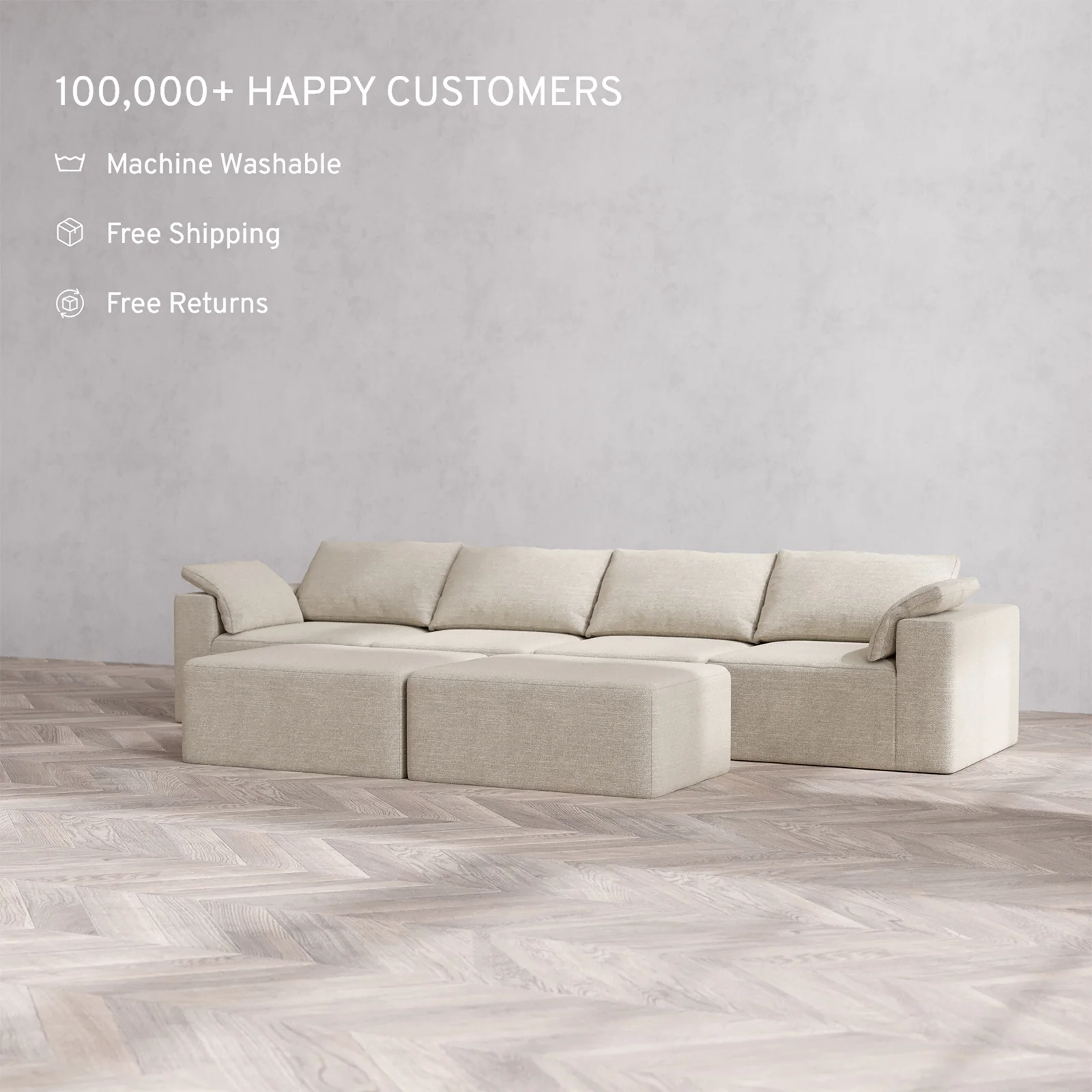 Slipcover Only - Modular Washable 4-Seater Cloud Sofa + Chaise Ottoman Bench in Sandstone - Image 2
