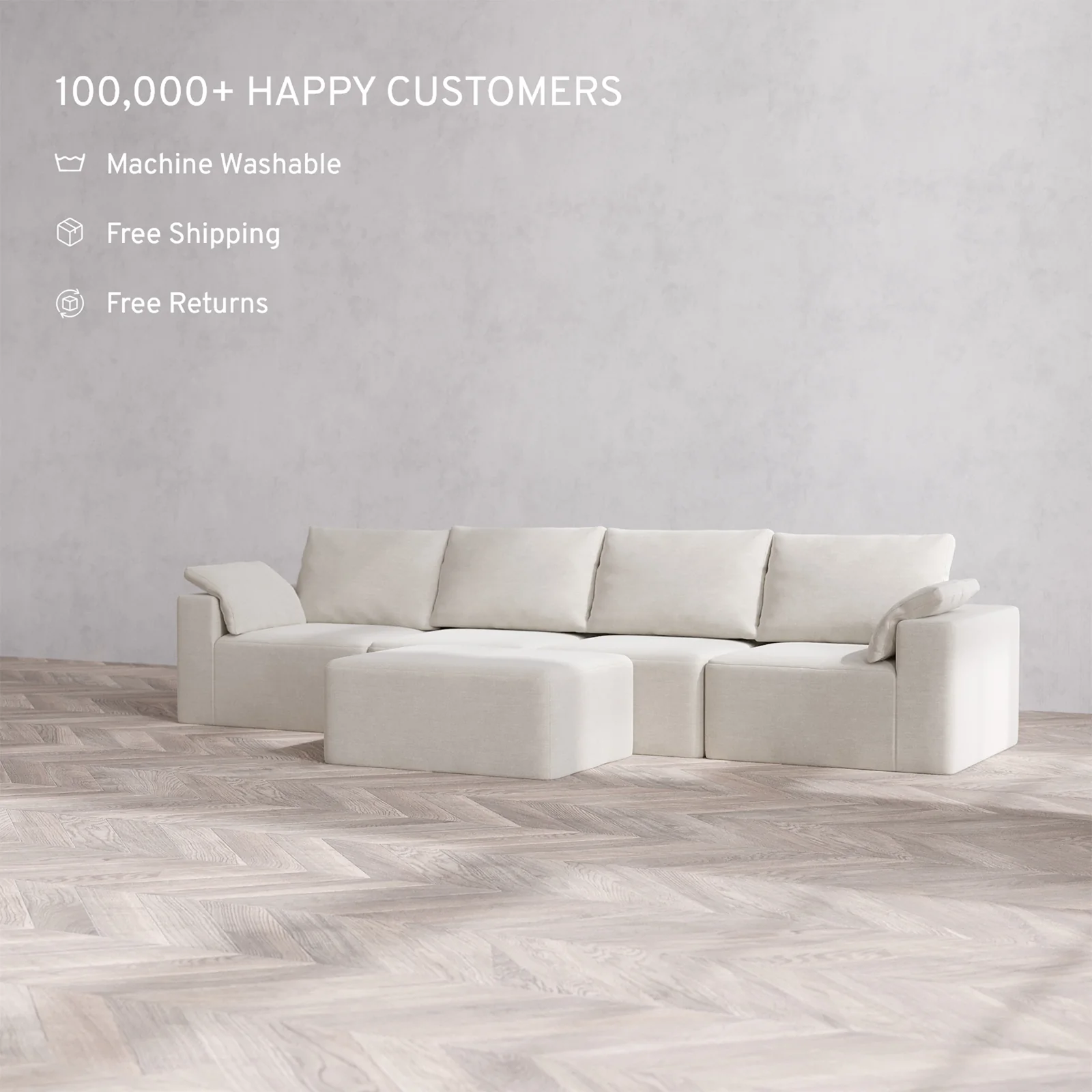 Slipcover Only - Modular Washable 4-Seater Cloud + Bolster Sofa + Chaise Ottoman in Cashew - Image 2