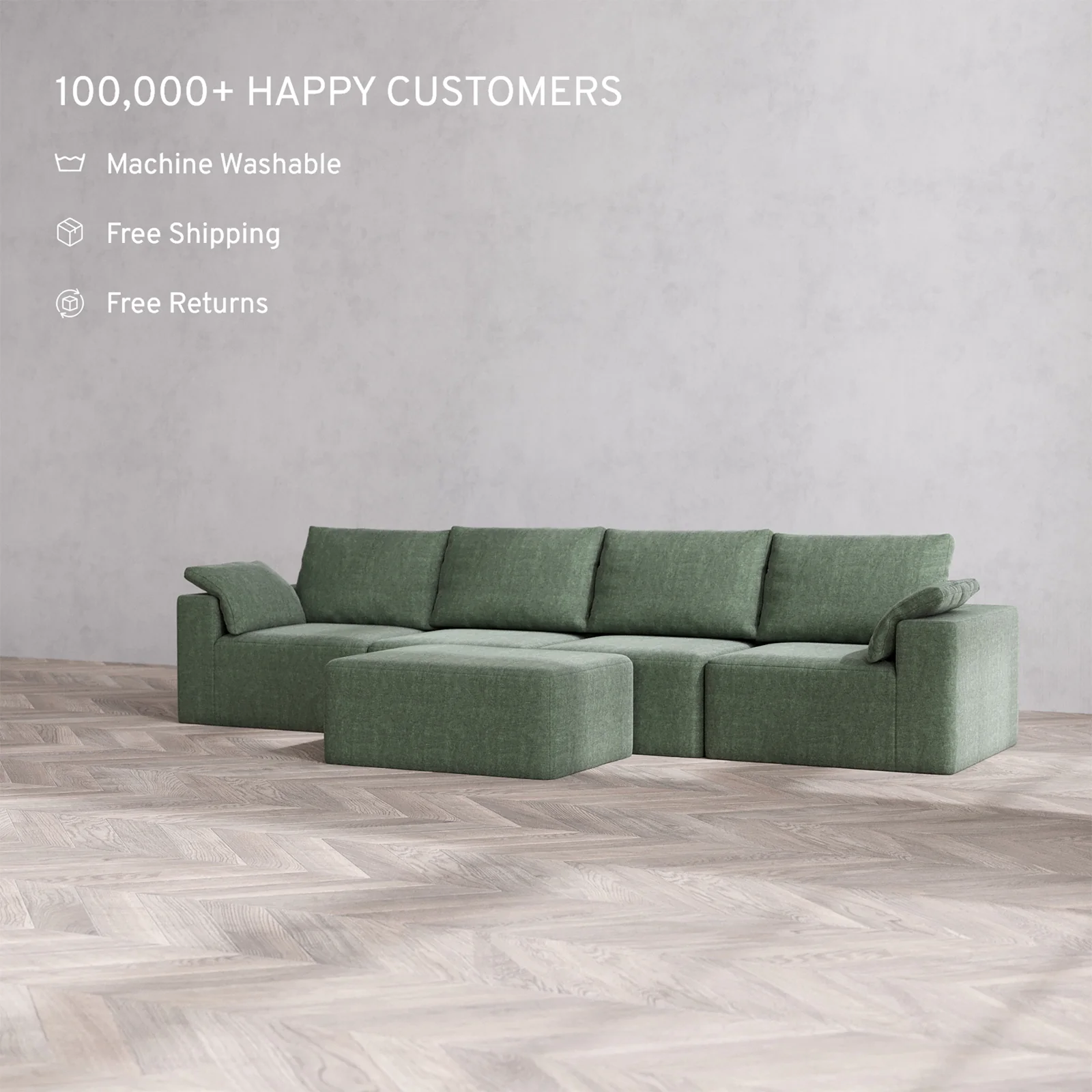 Slipcover Only - Modular Washable 4-Seater Cloud + Bolster Sofa + Chaise Ottoman in Sage - Image 2