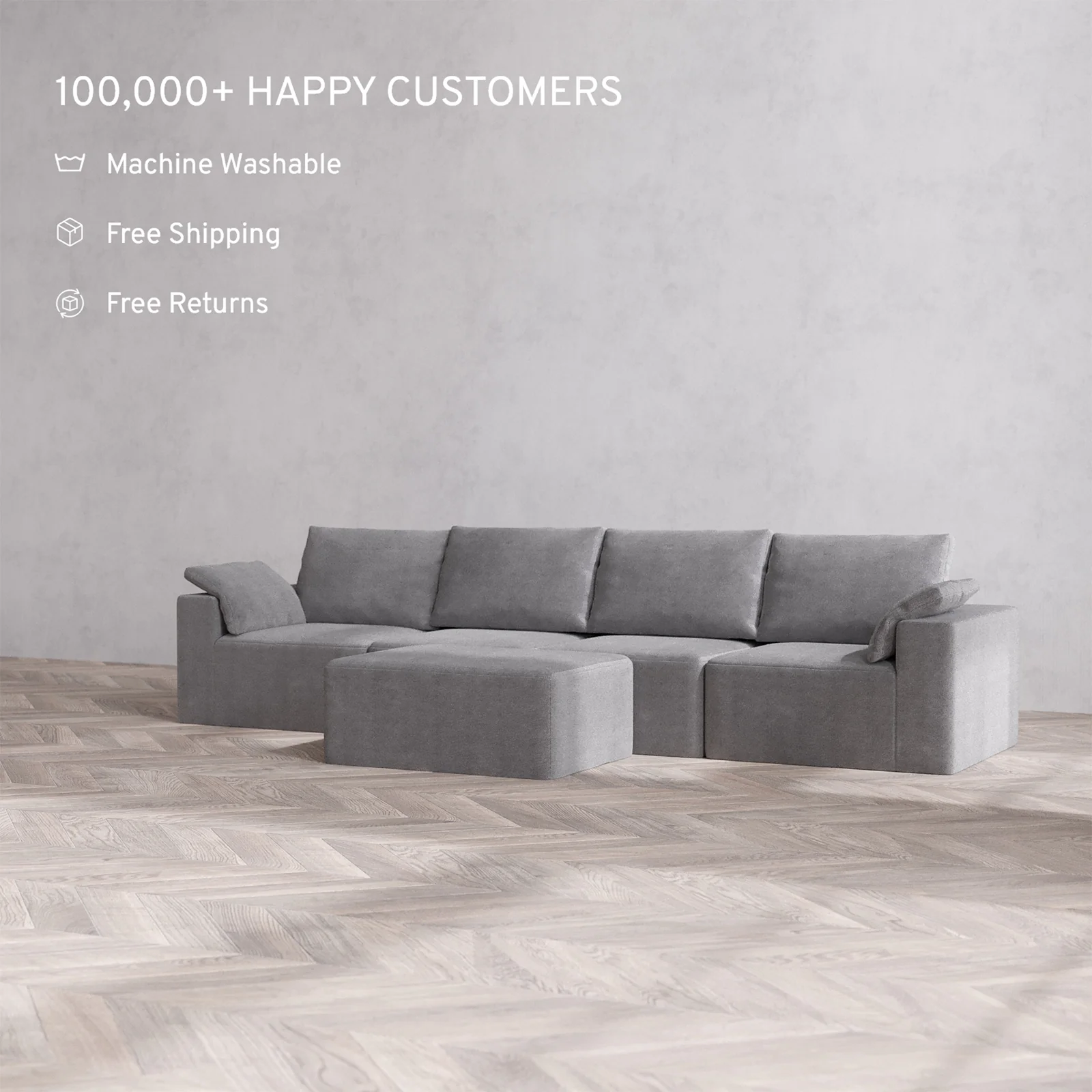 Slipcover Only - Modular Washable 4-Seater Cloud + Bolster Sofa + Chaise Ottoman in Slate - Image 2