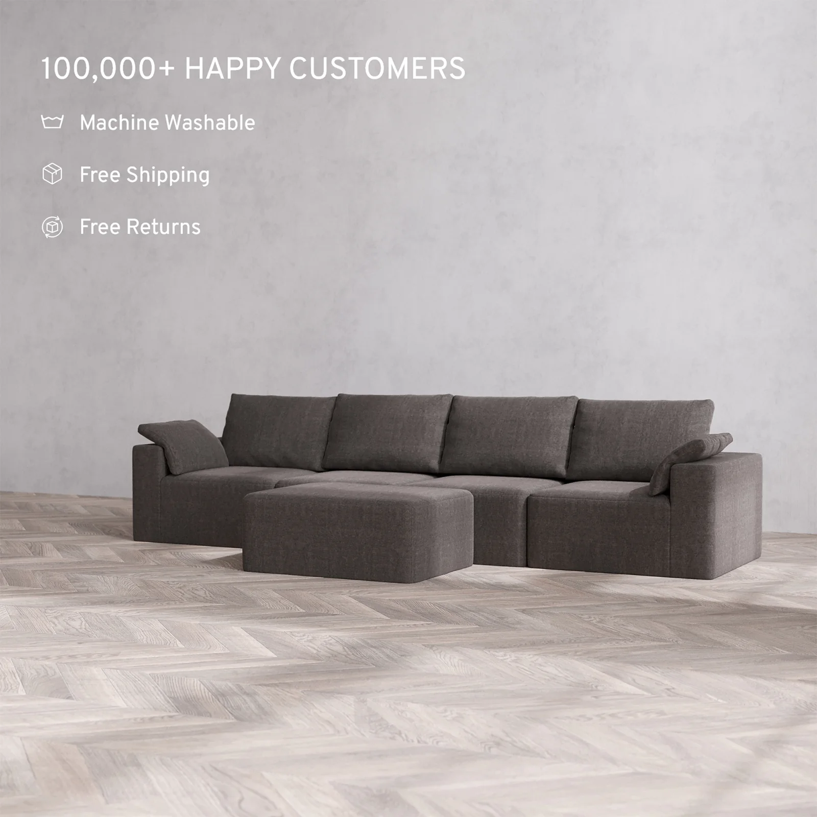 Slipcover Only - Modular Washable 4-Seater Cloud + Bolster Sofa + Chaise Ottoman in Truffle - Image 2