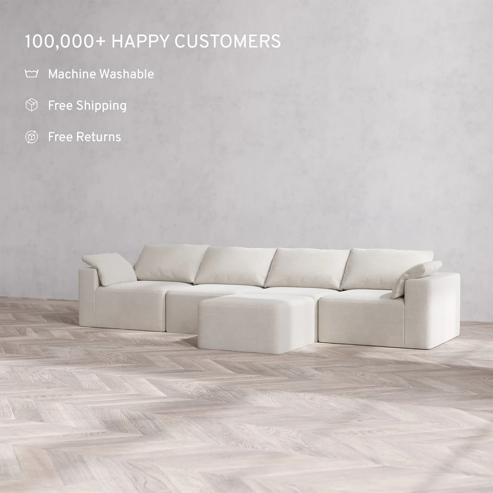 Slipcover Only - Modular Washable 4-Seater Cloud Sofa + Ottoman Bench in Cashew - Image 2