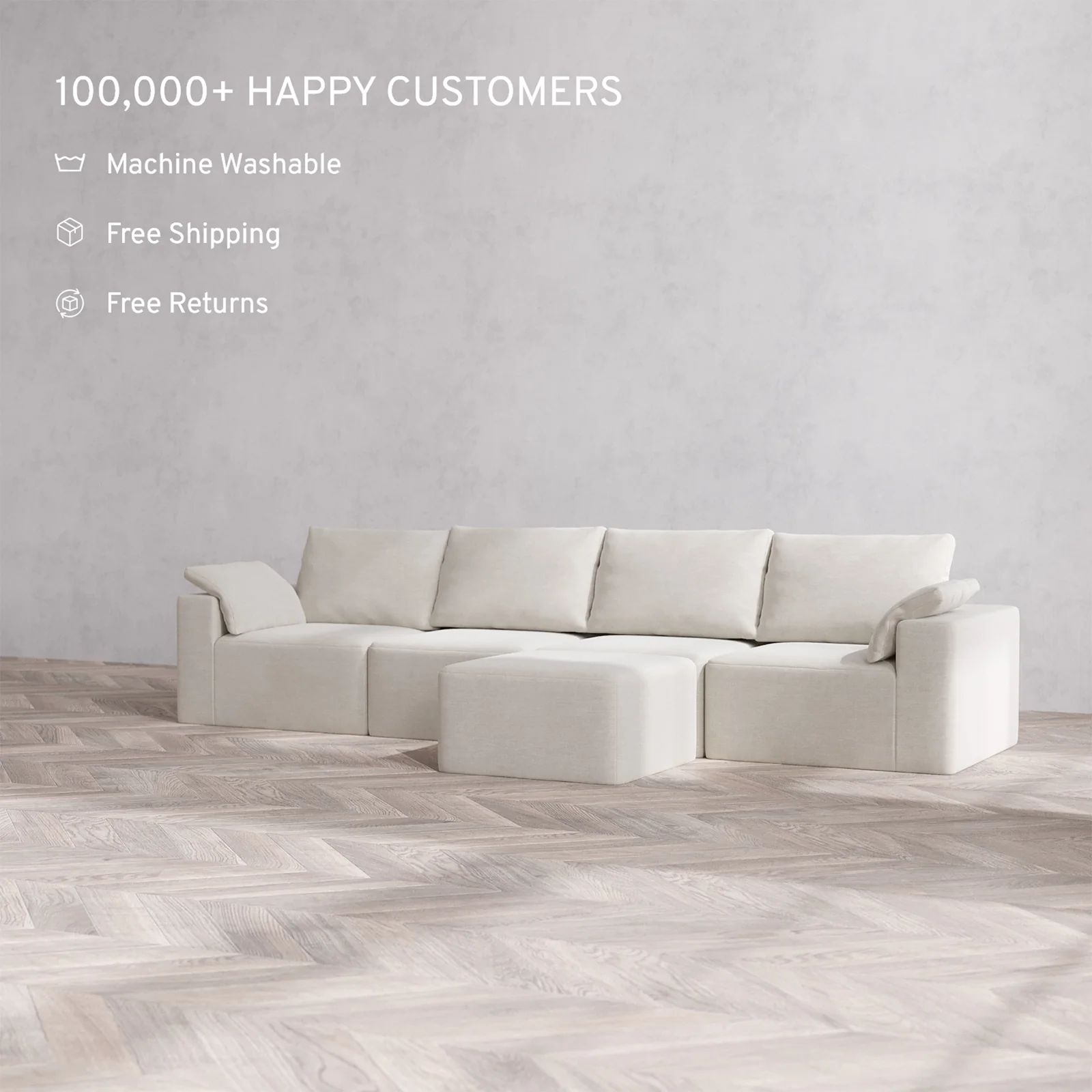 Slipcover Only - Modular Washable 4-Seater Cloud + Bolster Sofa + Ottoman Bench in Cashew - Image 2