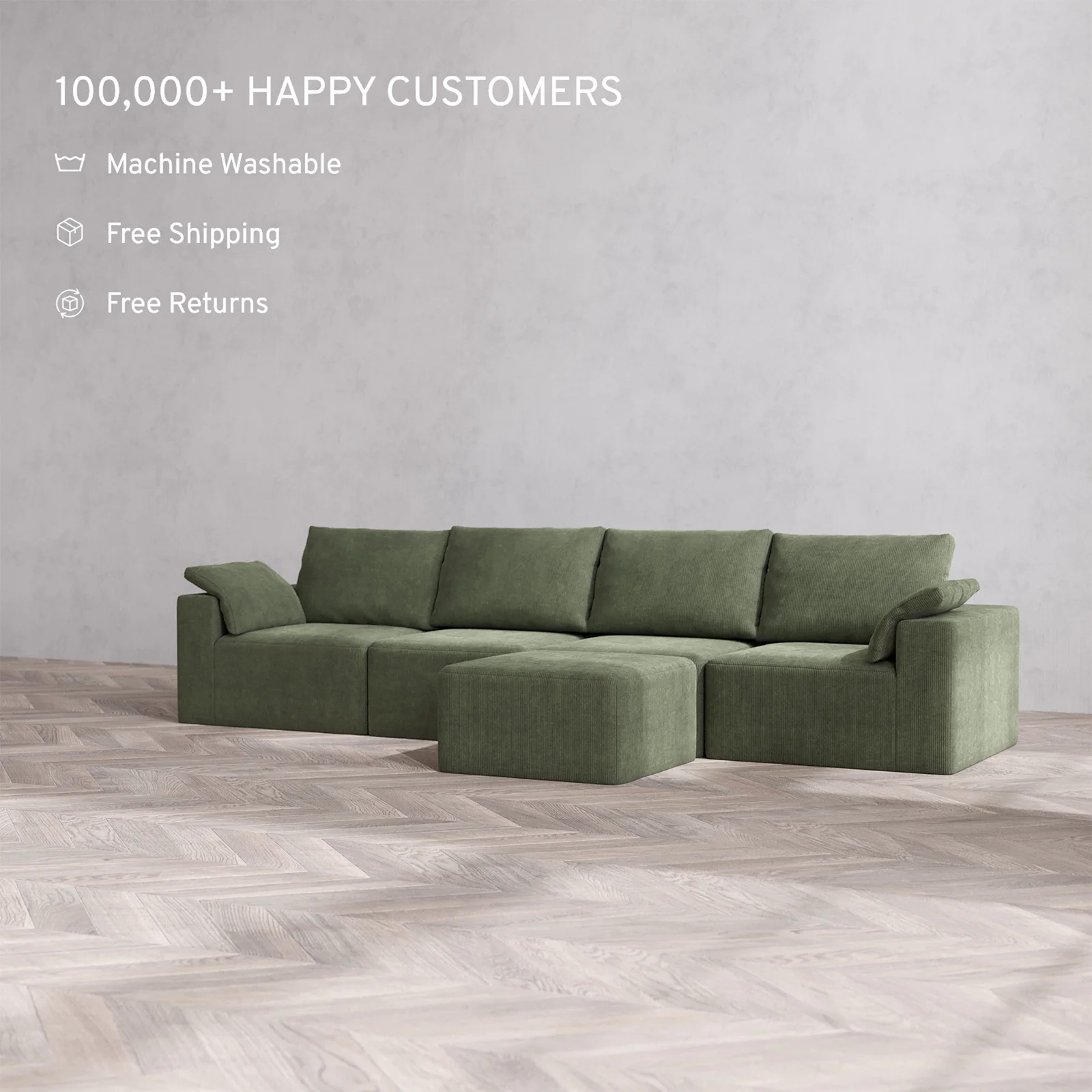 Slipcover Only - Modular Washable 4-Seater Cloud + Bolster Sofa + Ottoman Bench in Juniper - Image 2