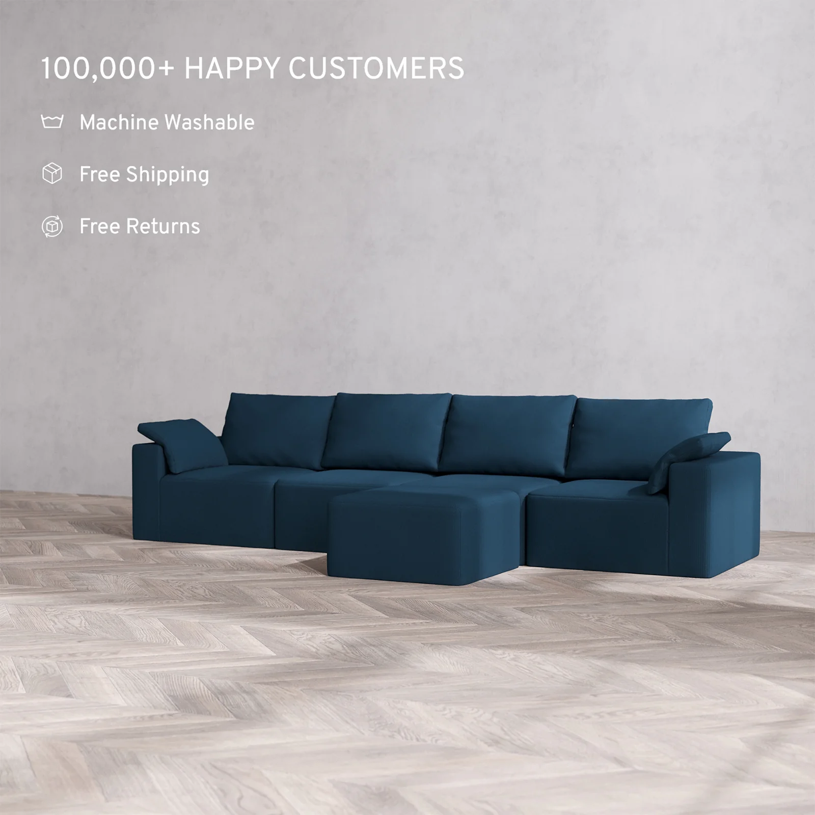 Slipcover Only - Modular Washable 4-Seater Cloud + Bolster Sofa + Ottoman Bench in Lazuli - Image 2