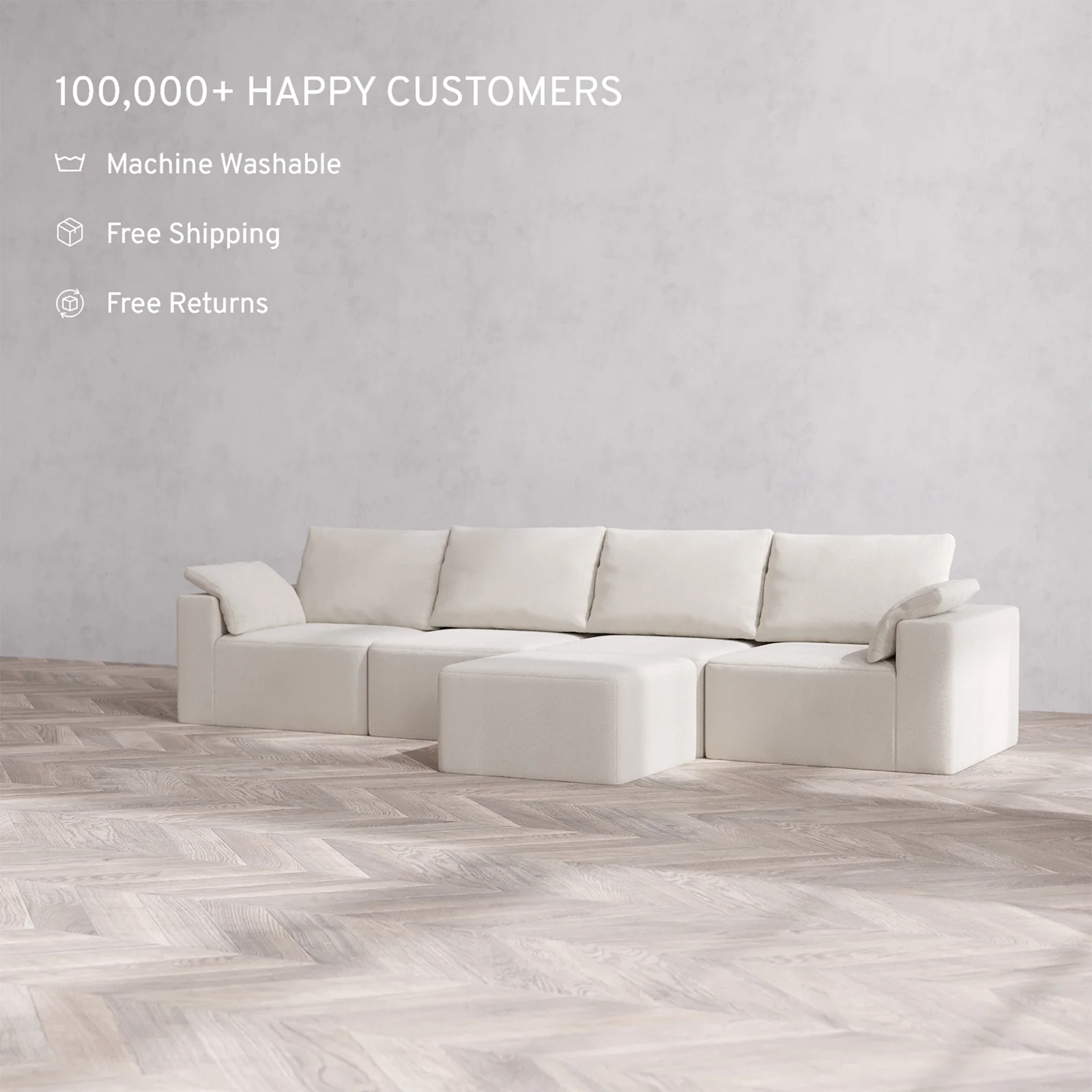 Slipcover Only - Modular Washable 4-Seater Cloud + Bolster Sofa + Ottoman Bench in Pearl - Image 2
