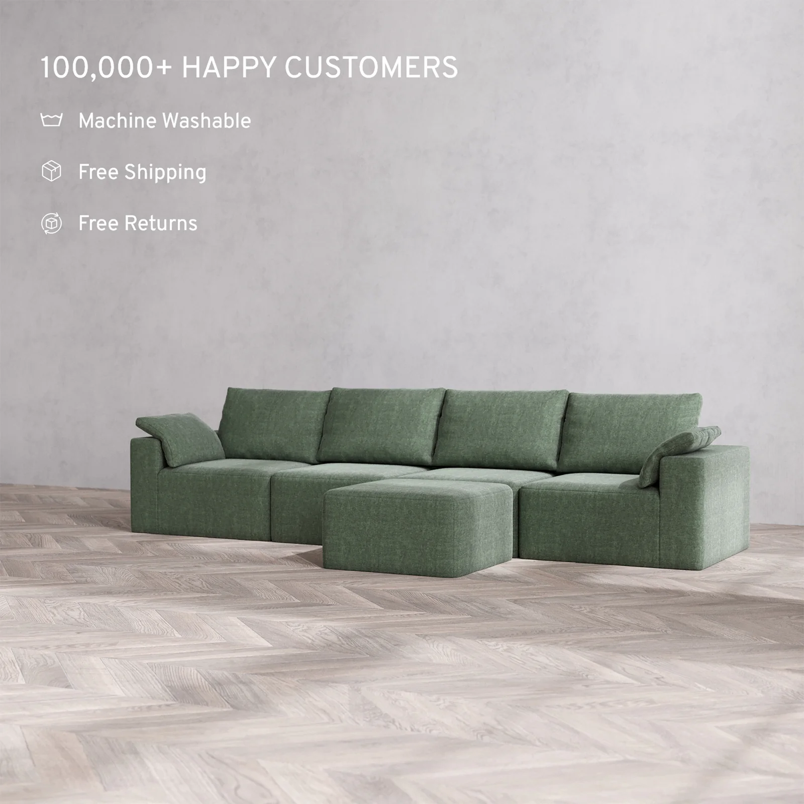 Slipcover Only - Modular Washable 4-Seater Cloud + Bolster Sofa + Ottoman Bench in Sage - Image 2