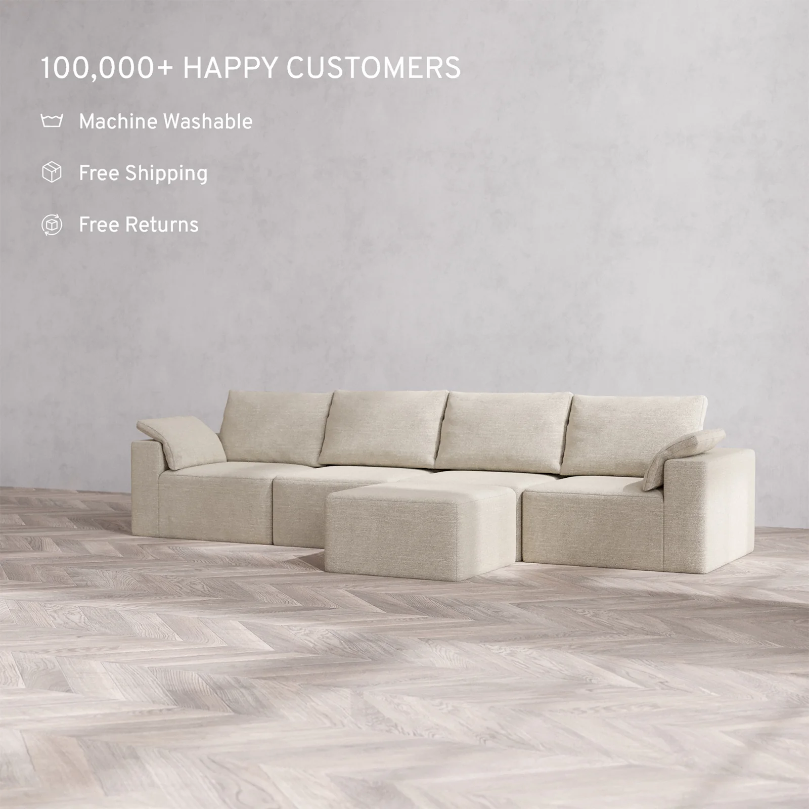 Slipcover Only - Modular Washable 4-Seater Cloud + Bolster Sofa + Ottoman Bench in Sandstone - Image 2