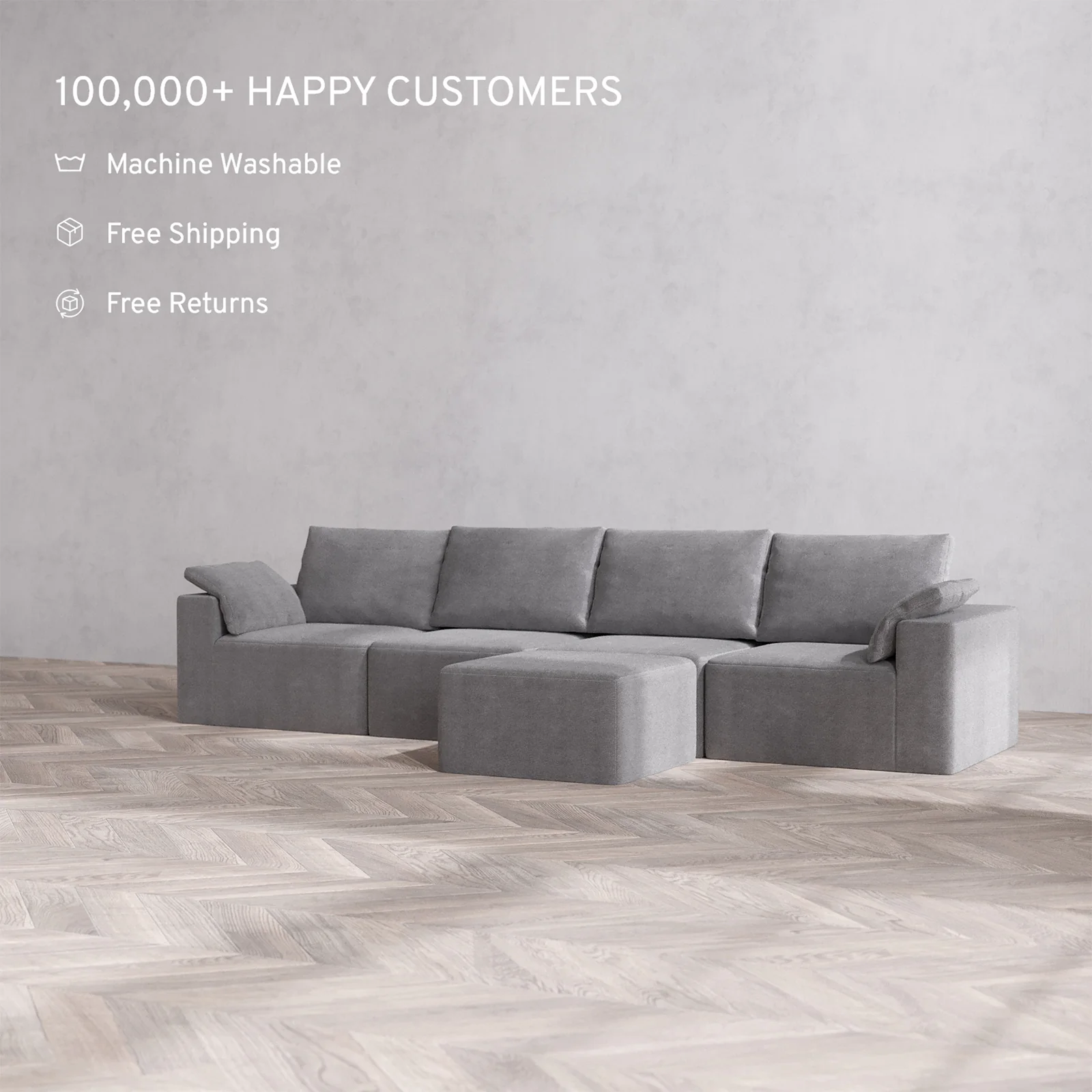 Slipcover Only - Modular Washable 4-Seater Cloud + Bolster Sofa + Ottoman Bench in Slate - Image 2