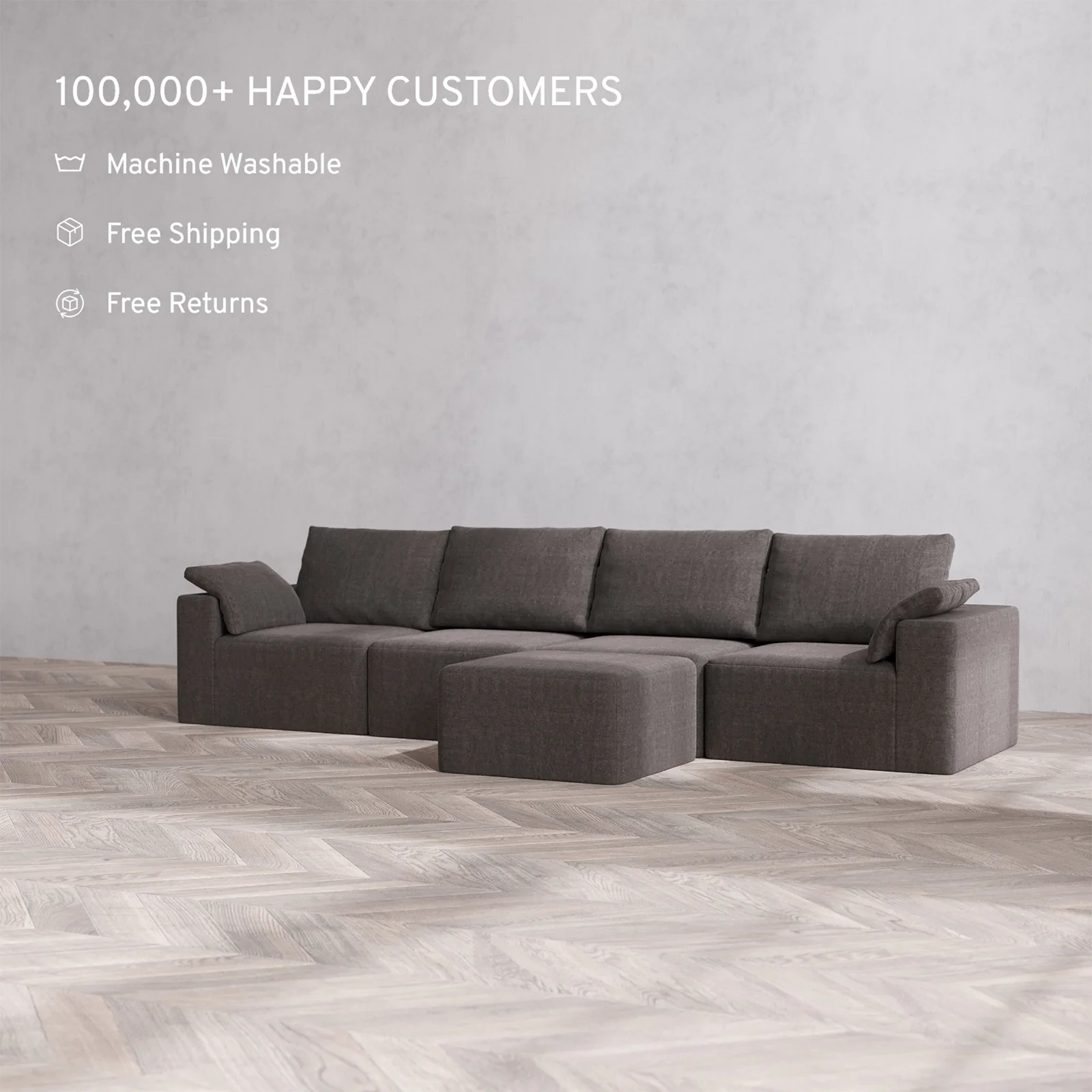 Slipcover Only - Modular Washable 4-Seater Cloud + Bolster Sofa + Ottoman Bench in Truffle - Image 2