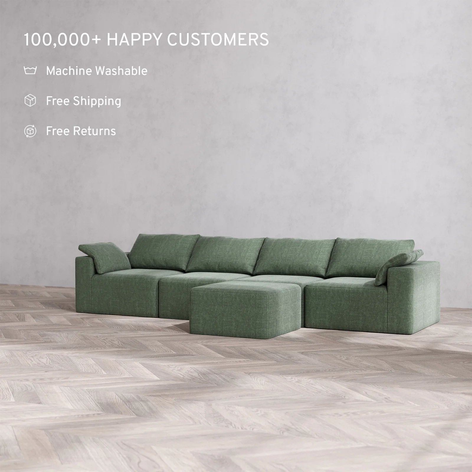 Slipcover Only - Modular Washable 4-Seater Cloud Sofa + Ottoman Bench in Sage - Image 2