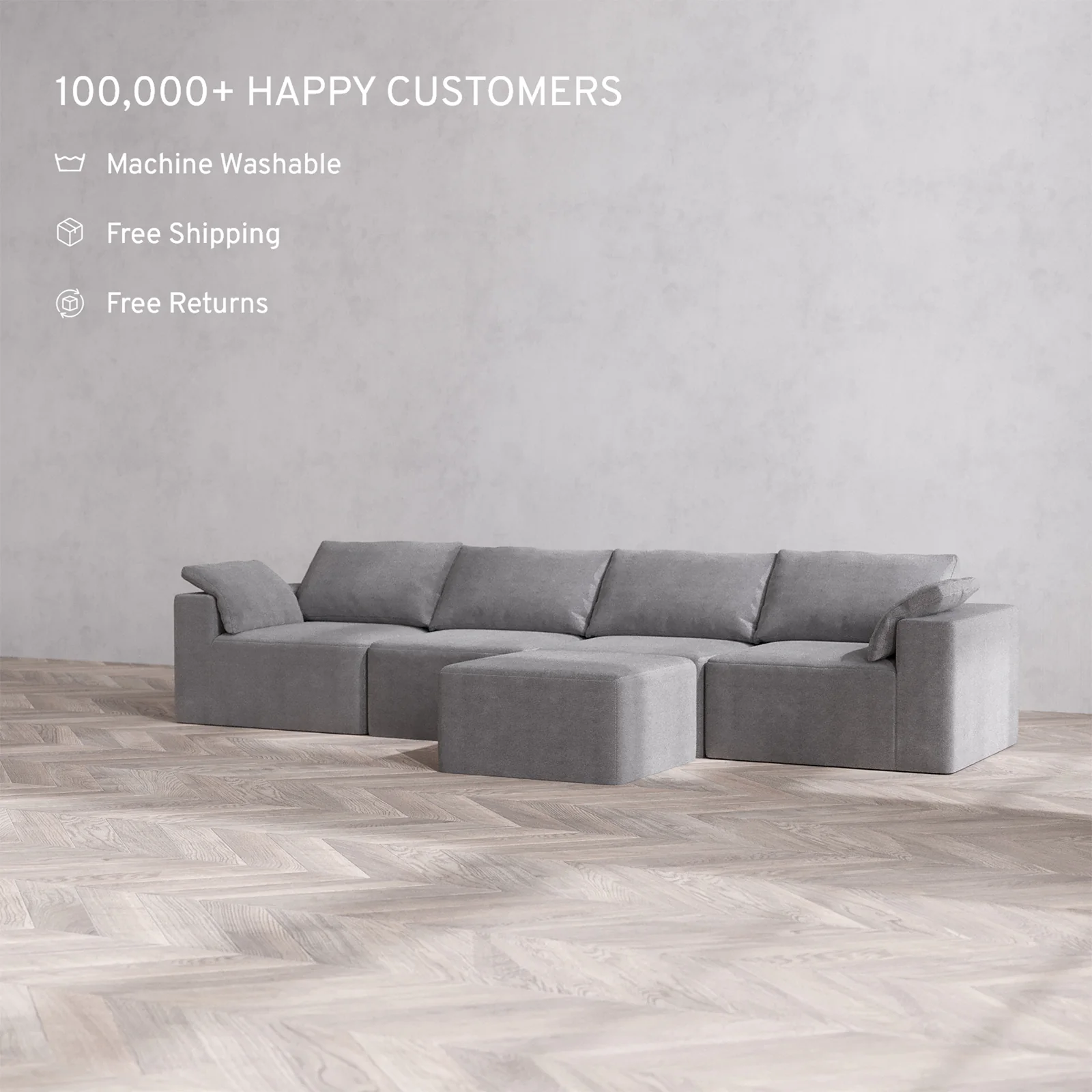Slipcover Only - Modular Washable 4-Seater Cloud Sofa + Ottoman Bench in Slate - Image 2