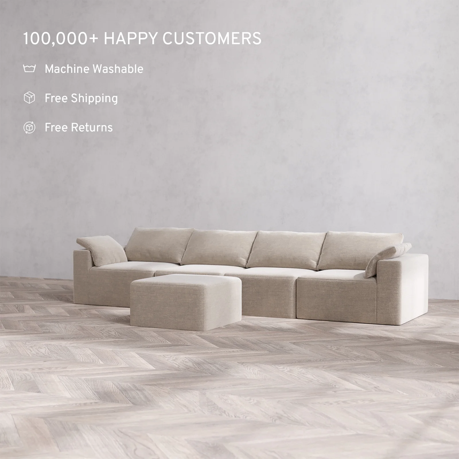 Slipcover Only - Modular Washable 4-Seater Cloud Sofa + Ottoman in Caraway - Image 2