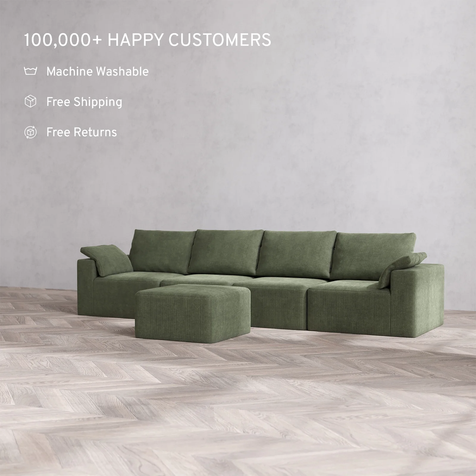 Slipcover Only - Modular Washable 4-Seater Cloud + Bolster Sofa + Ottoman in Juniper - Image 2