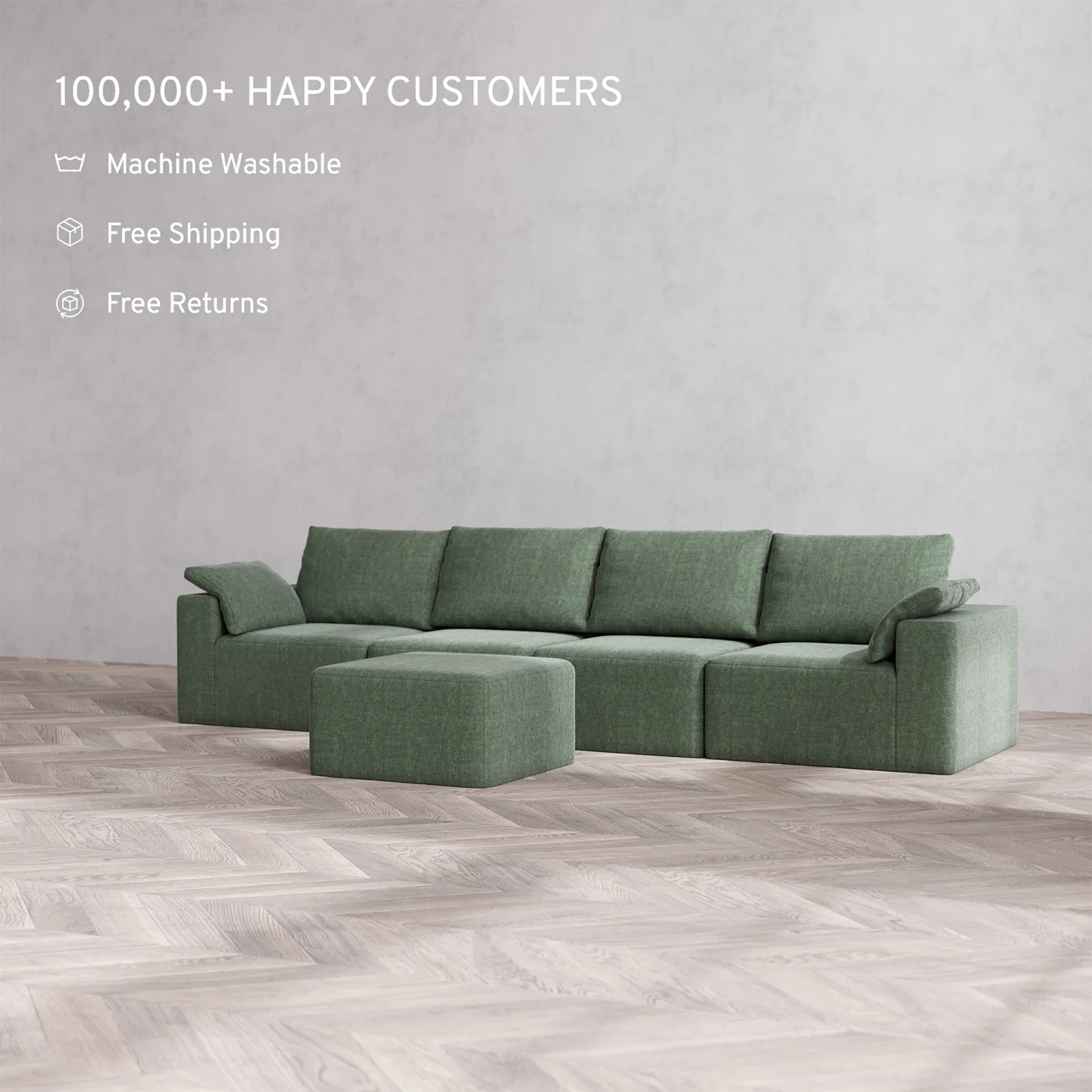 Slipcover Only - Modular Washable 4-Seater Cloud + Bolster Sofa + Ottoman in Sage - Image 2