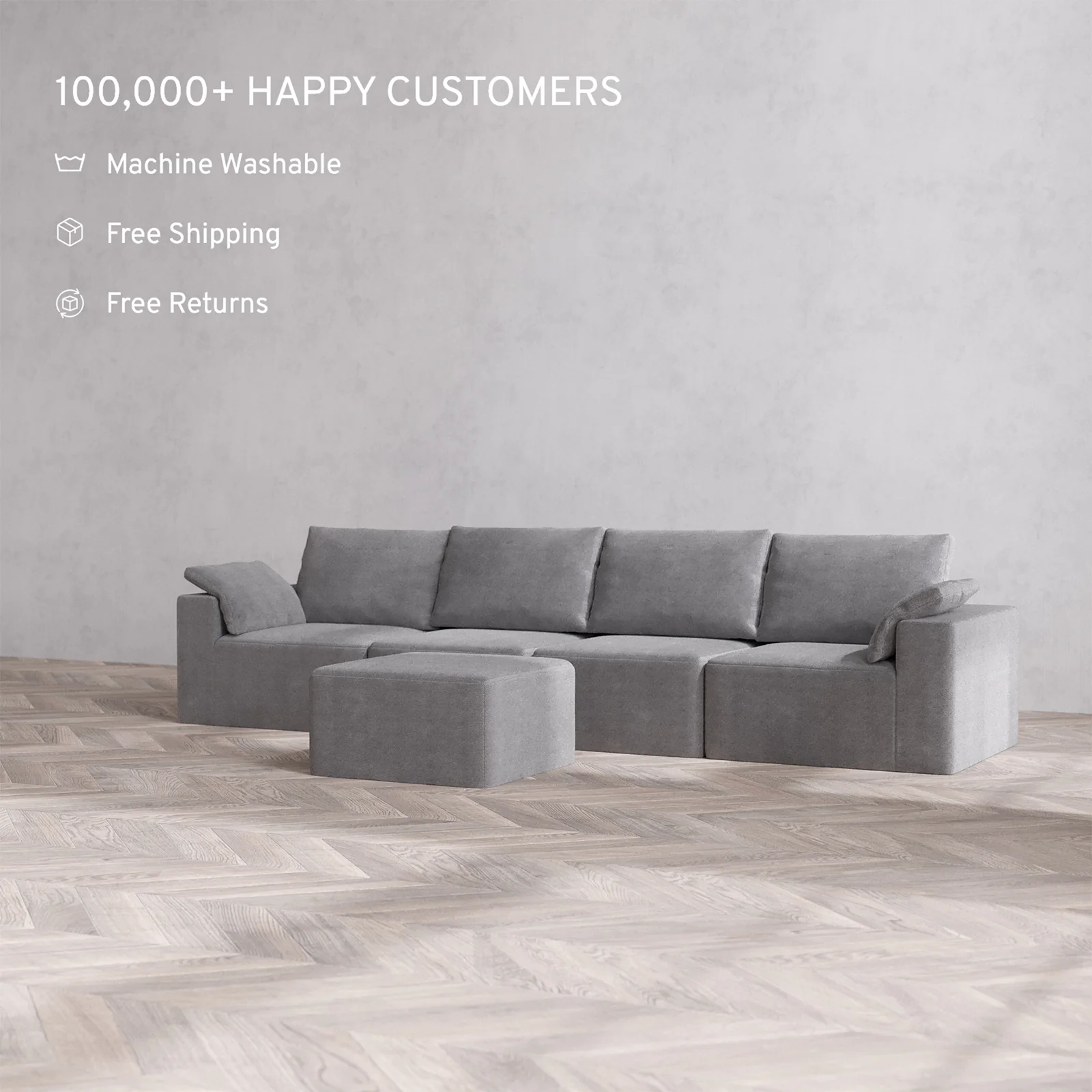 Slipcover Only - Modular Washable 4-Seater Cloud + Bolster Sofa + Ottoman in Slate - Image 2