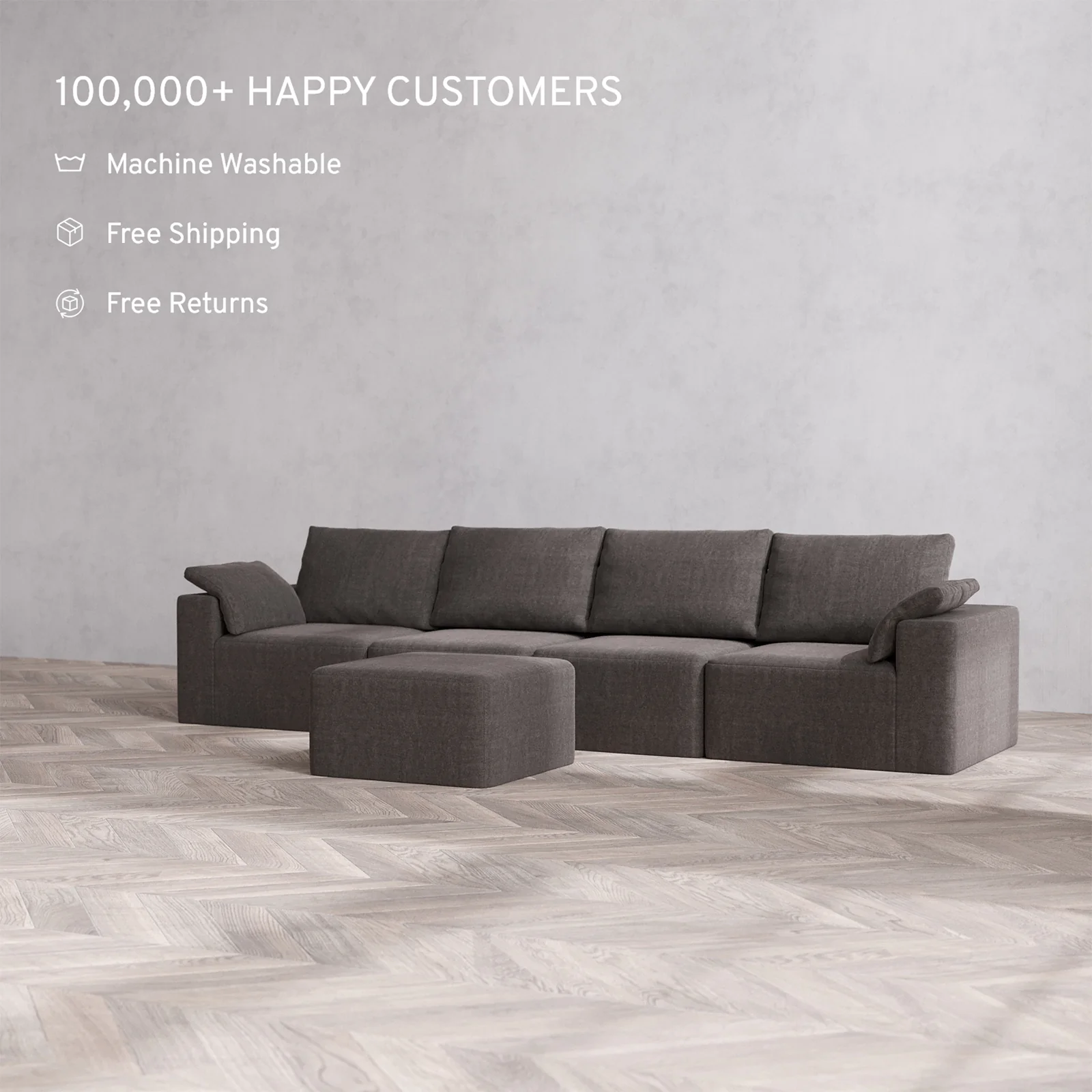Slipcover Only - Modular Washable 4-Seater Cloud + Bolster Sofa + Ottoman in Truffle - Image 2