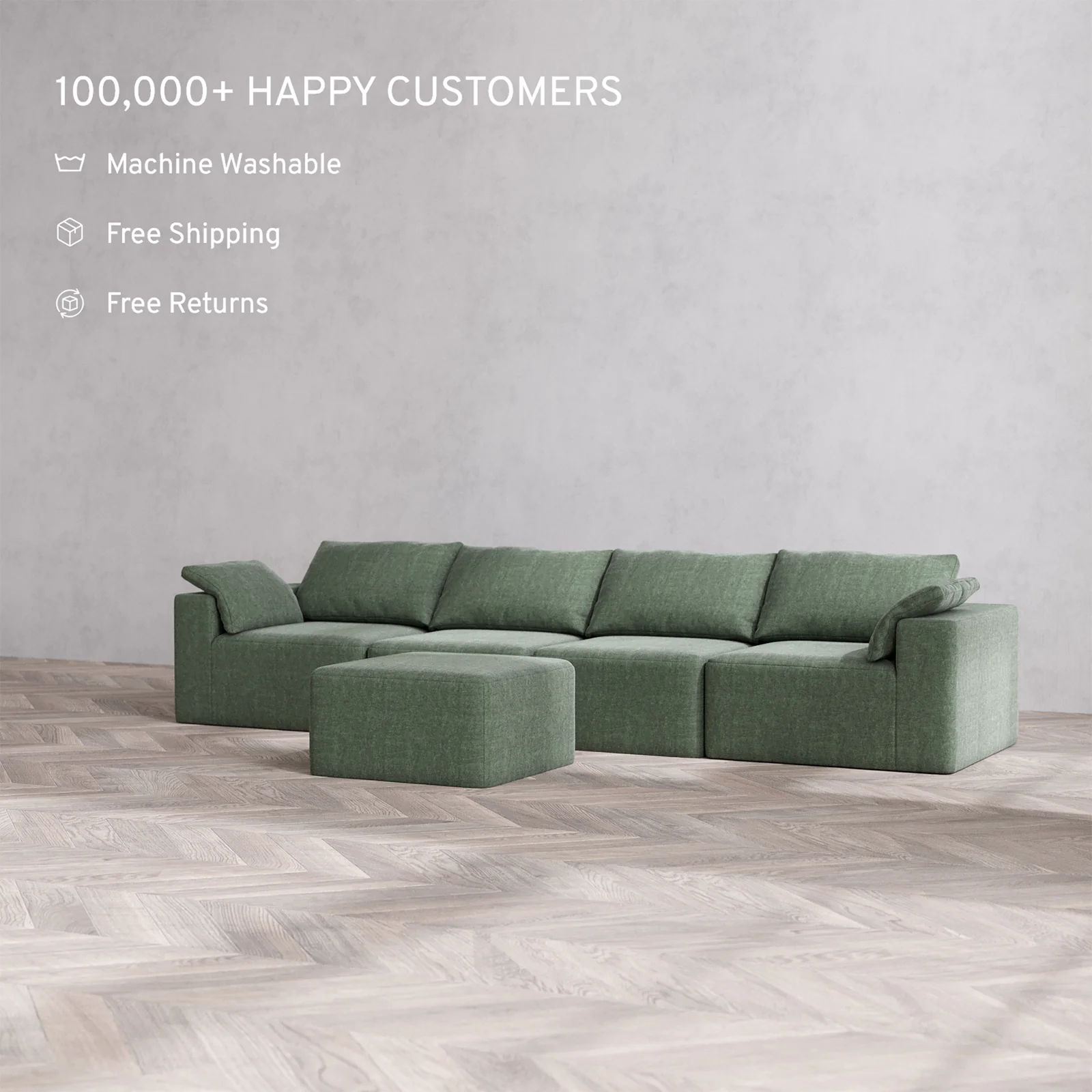 Slipcover Only - Modular Washable 4-Seater Cloud Sofa + Ottoman in Sage - Image 2