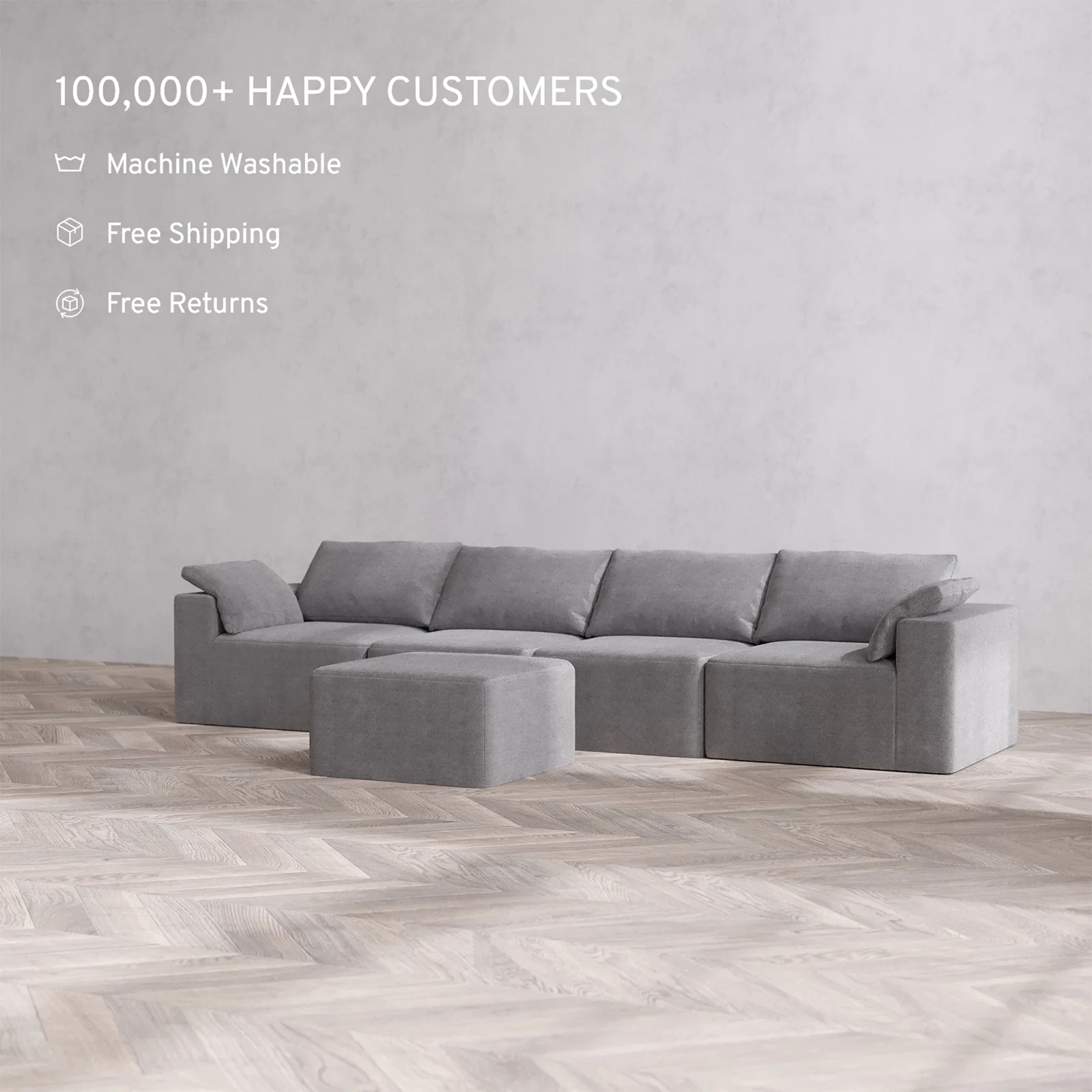 Slipcover Only - Modular Washable 4-Seater Cloud Sofa + Ottoman in Slate - Image 2