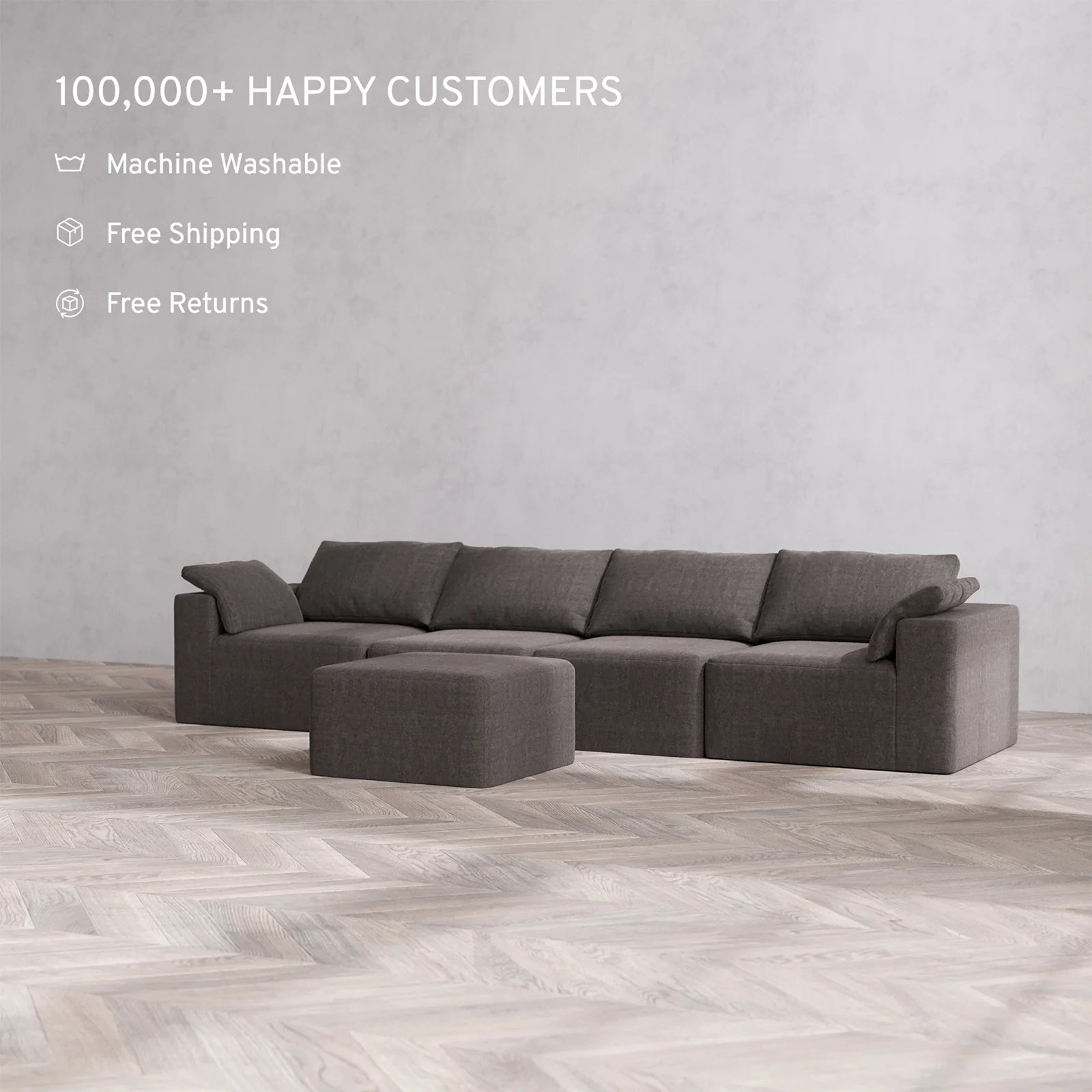 Slipcover Only - Modular Washable 4-Seater Cloud Sofa + Ottoman in Truffle - Image 2
