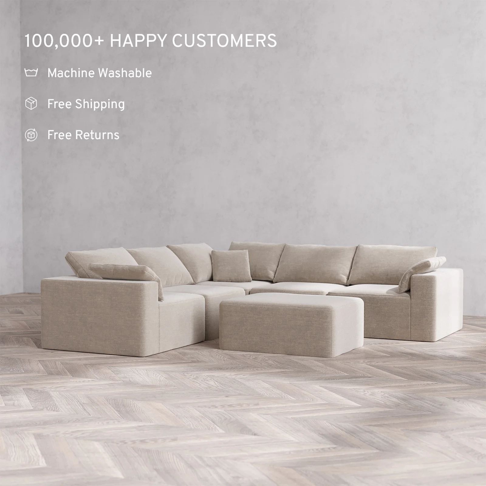 Slipcover Only - Modular Washable 5-Seater Corner Sectional + Chaise Ottoman Cloud Sofa in Caraway - Image 2