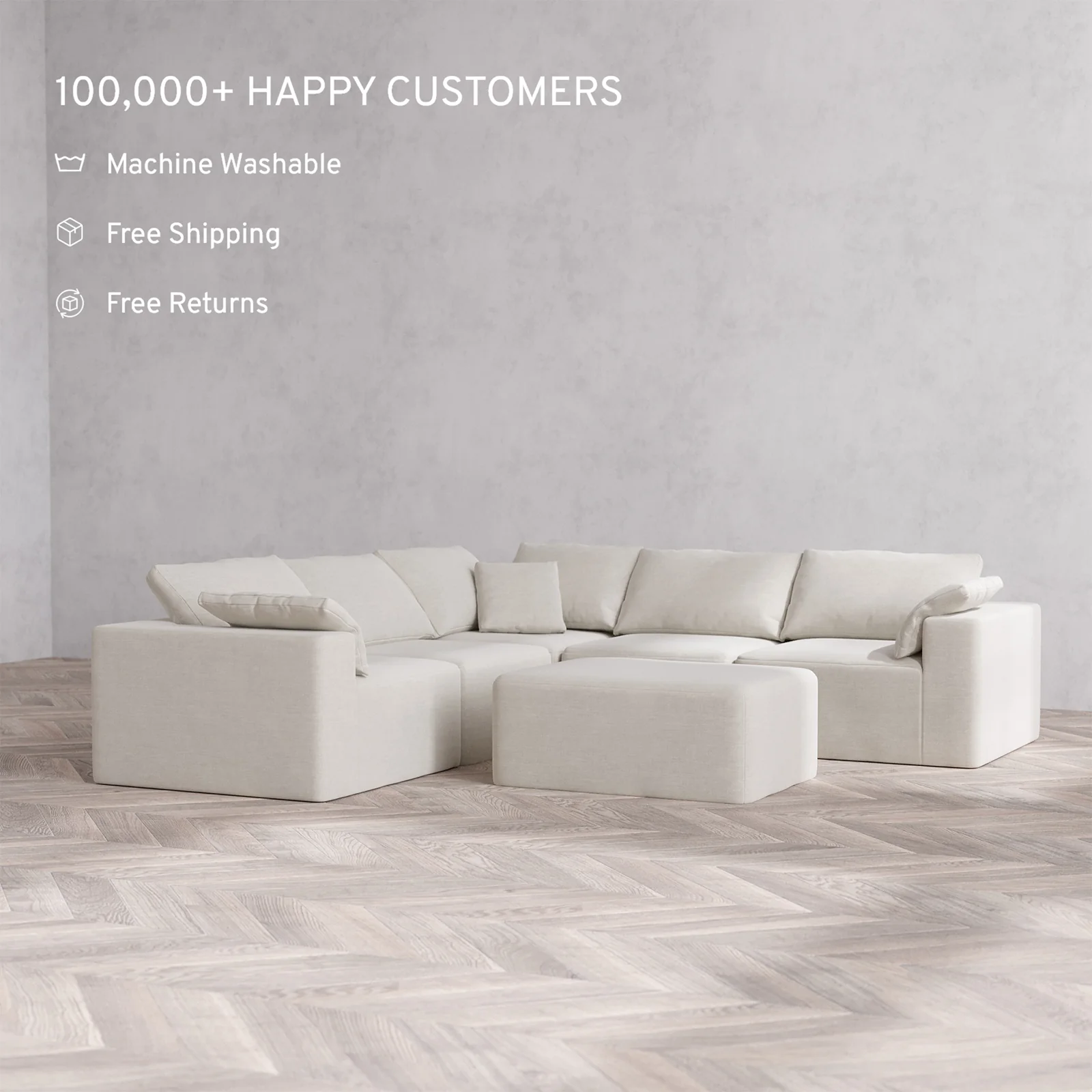 Slipcover Only - Modular Washable 5-Seater Corner Sectional + Chaise Ottoman Cloud Sofa in Cashew - Image 2
