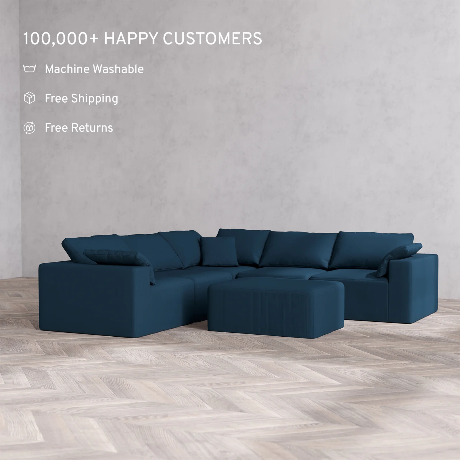 Slipcover Only - Modular Washable 5-Seater Corner Sectional + Chaise Ottoman Cloud Sofa in Lazuli - Image 2