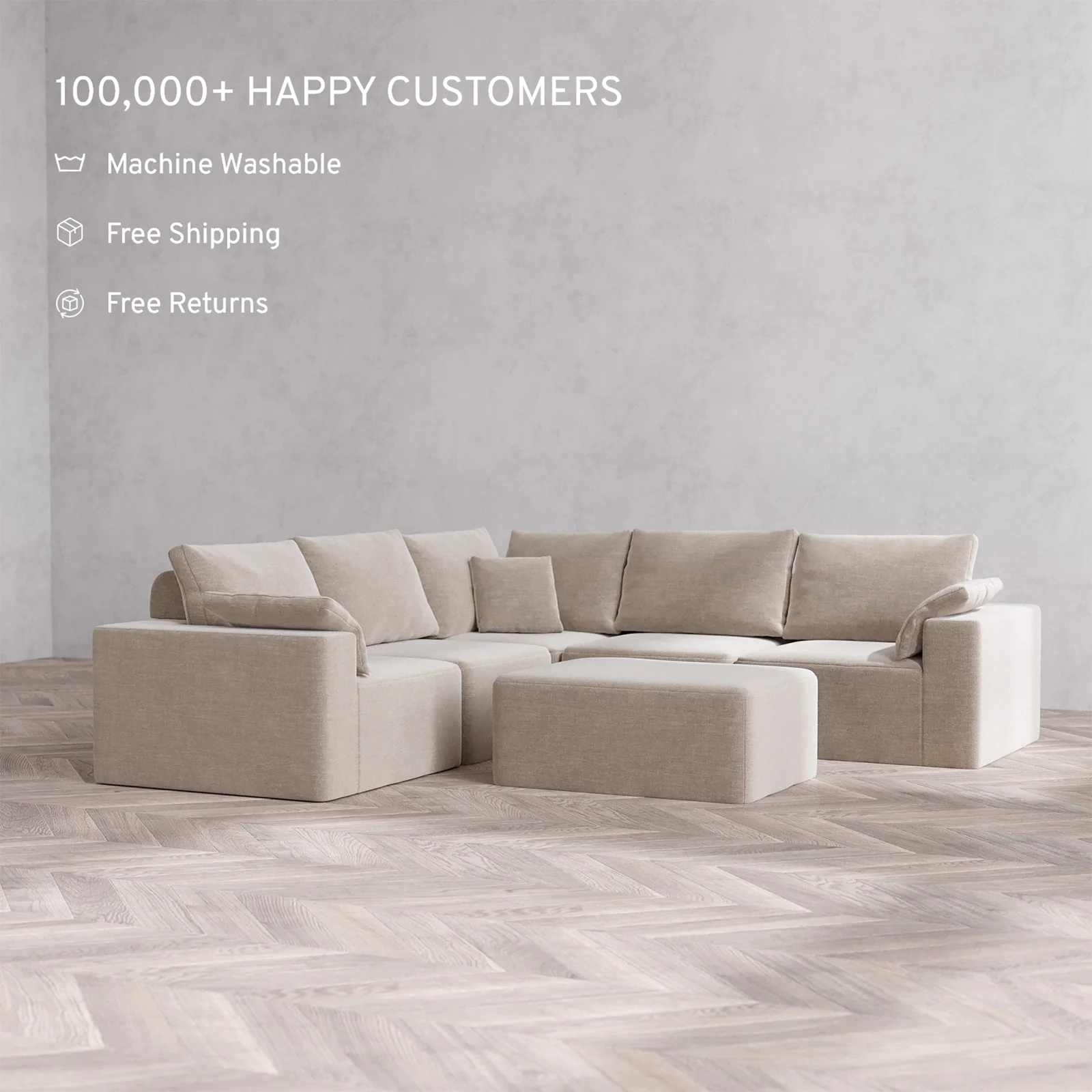Slipcover Only - Modular Washable 5-Seater Corner Sectional + Chaise Ottoman Cloud + Bolster Sofa in Caraway - Image 2
