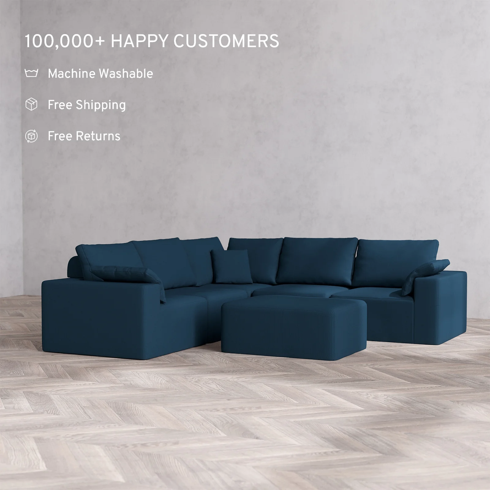 Slipcover Only - Modular Washable 5-Seater Corner Sectional + Chaise Ottoman Cloud + Bolster Sofa in Lazuli - Image 2