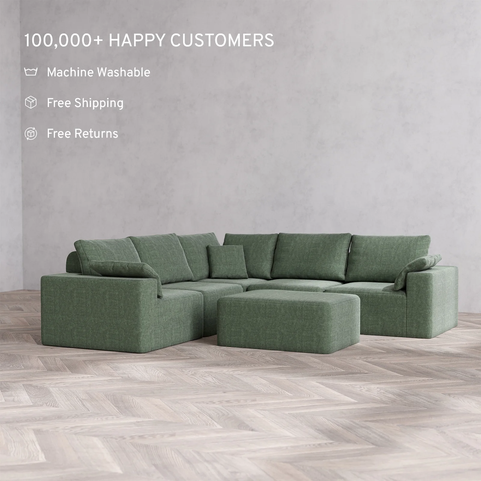 Slipcover Only - Modular Washable 5-Seater Corner Sectional + Chaise Ottoman Cloud + Bolster Sofa in Sage - Image 2