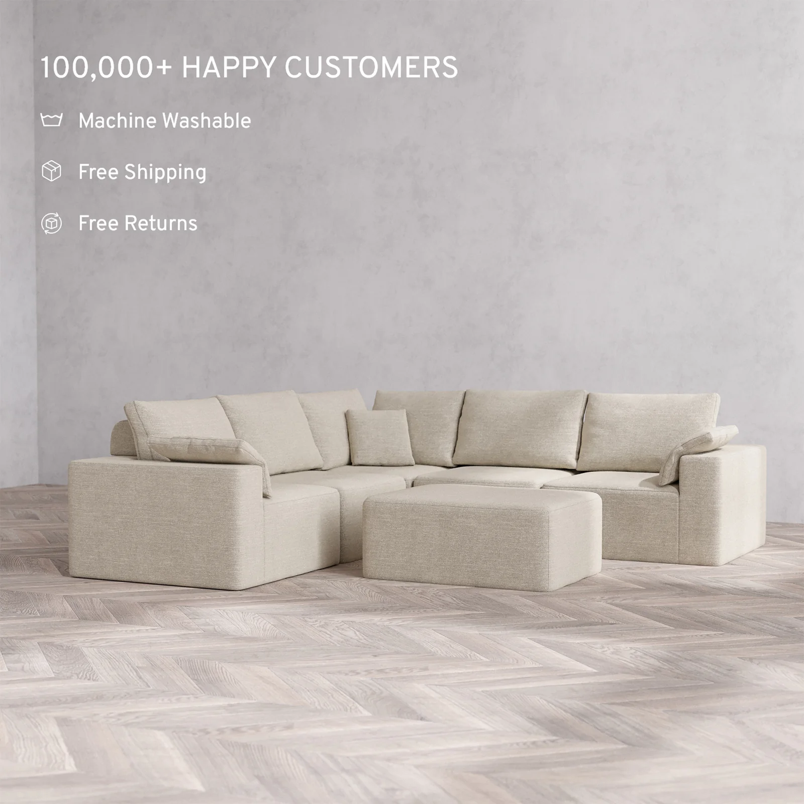 Slipcover Only - Modular Washable 5-Seater Corner Sectional + Chaise Ottoman Cloud + Bolster Sofa in Sandstone - Image 2