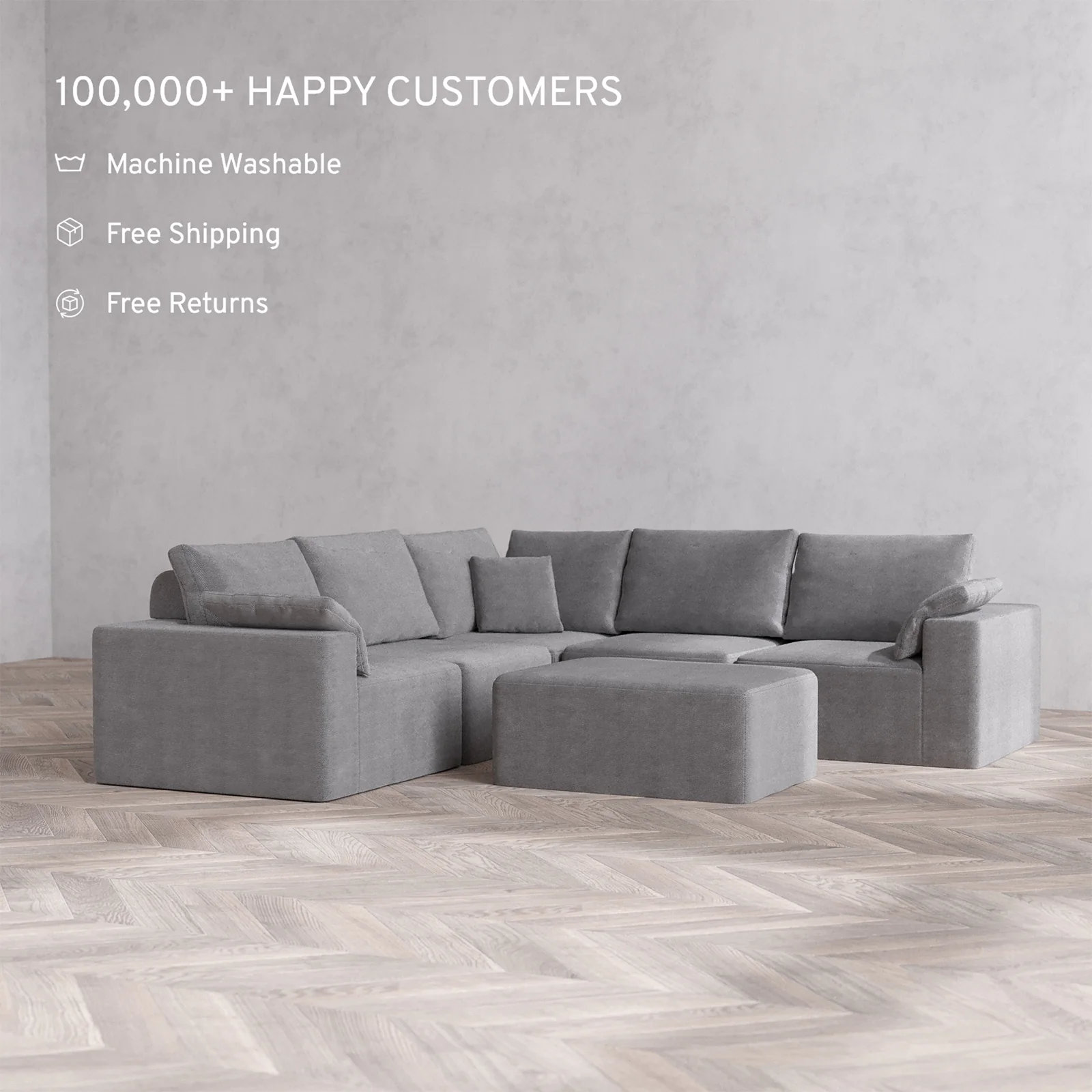 Slipcover Only - Modular Washable 5-Seater Corner Sectional + Chaise Ottoman Cloud + Bolster Sofa in Slate - Image 2