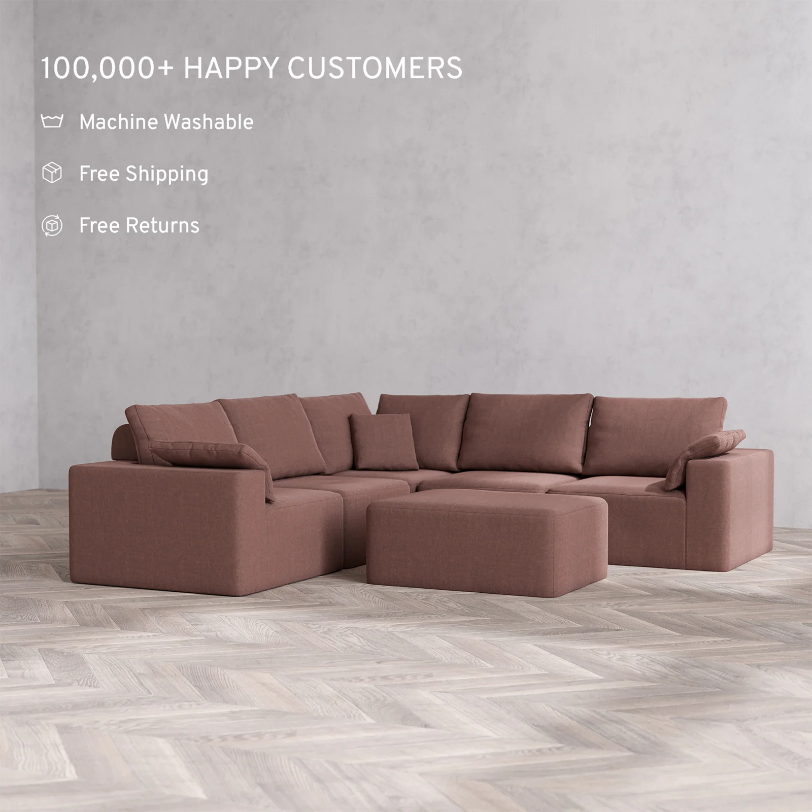Slipcover Only - Modular Washable 5-Seater Corner Sectional + Chaise Ottoman Cloud + Bolster Sofa in Sumac - Image 2