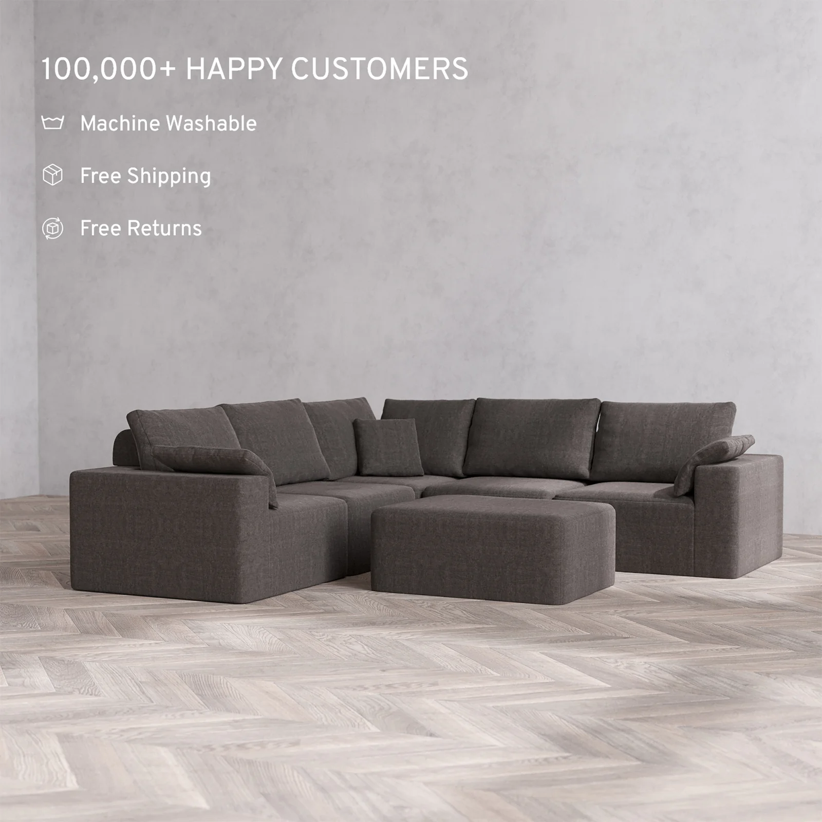 Slipcover Only - Modular Washable 5-Seater Corner Sectional + Chaise Ottoman Cloud + Bolster Sofa in Truffle - Image 2