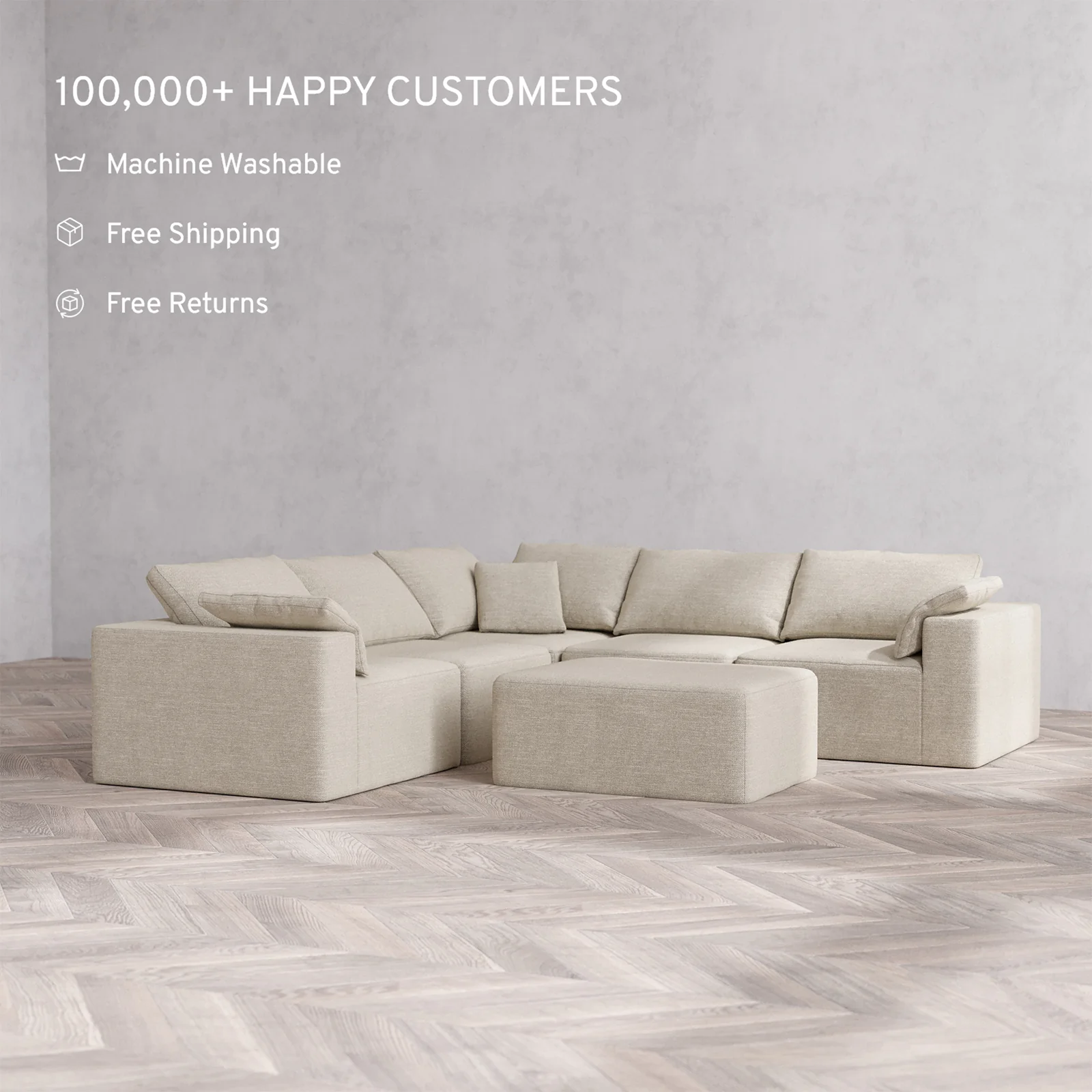 Slipcover Only - Modular Washable 5-Seater Corner Sectional + Chaise Ottoman Cloud Sofa in Sandstone - Image 2