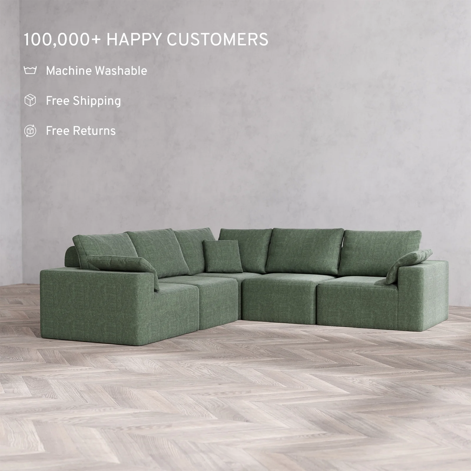 Slipcover Only - Modular Washable 5-Seater Corner Sectional Cloud + Bolster Sofa in Sage - Image 2