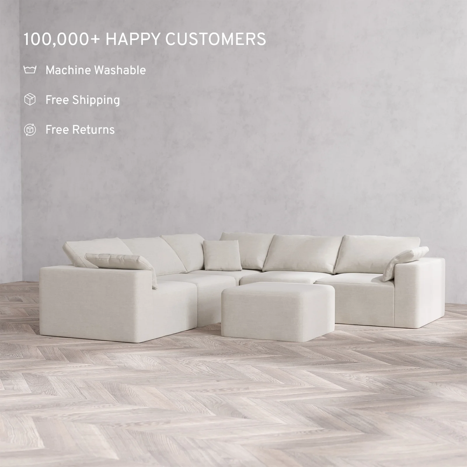 Slipcover Only - Modular Washable 5-Seater Corner Sectional + Ottoman Cloud Sofa in Cashew - Image 2