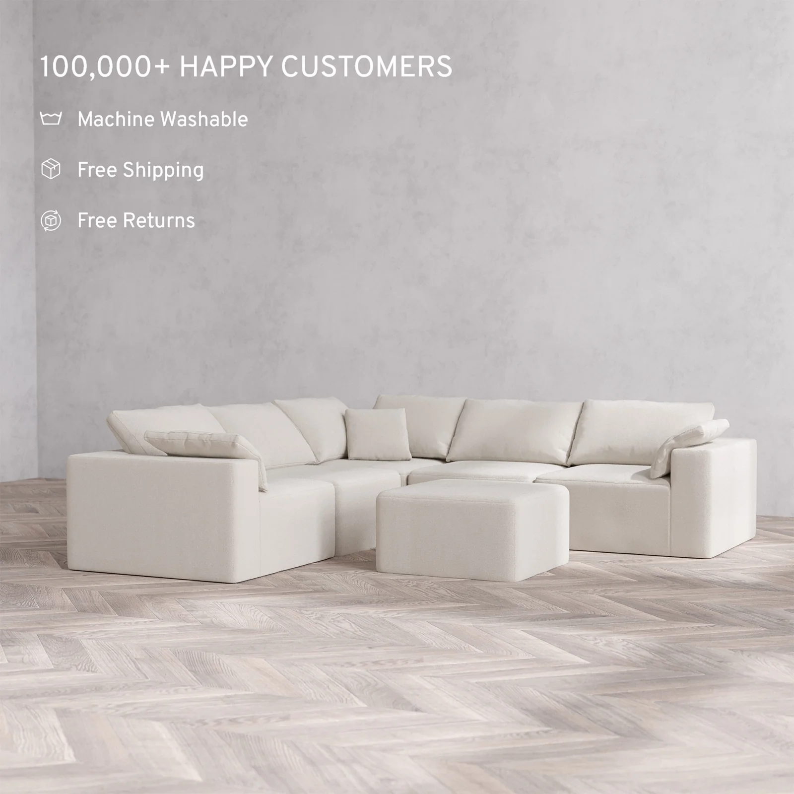Slipcover Only - Modular Washable 5-Seater Corner Sectional + Ottoman Cloud Sofa in Pearl - Image 2