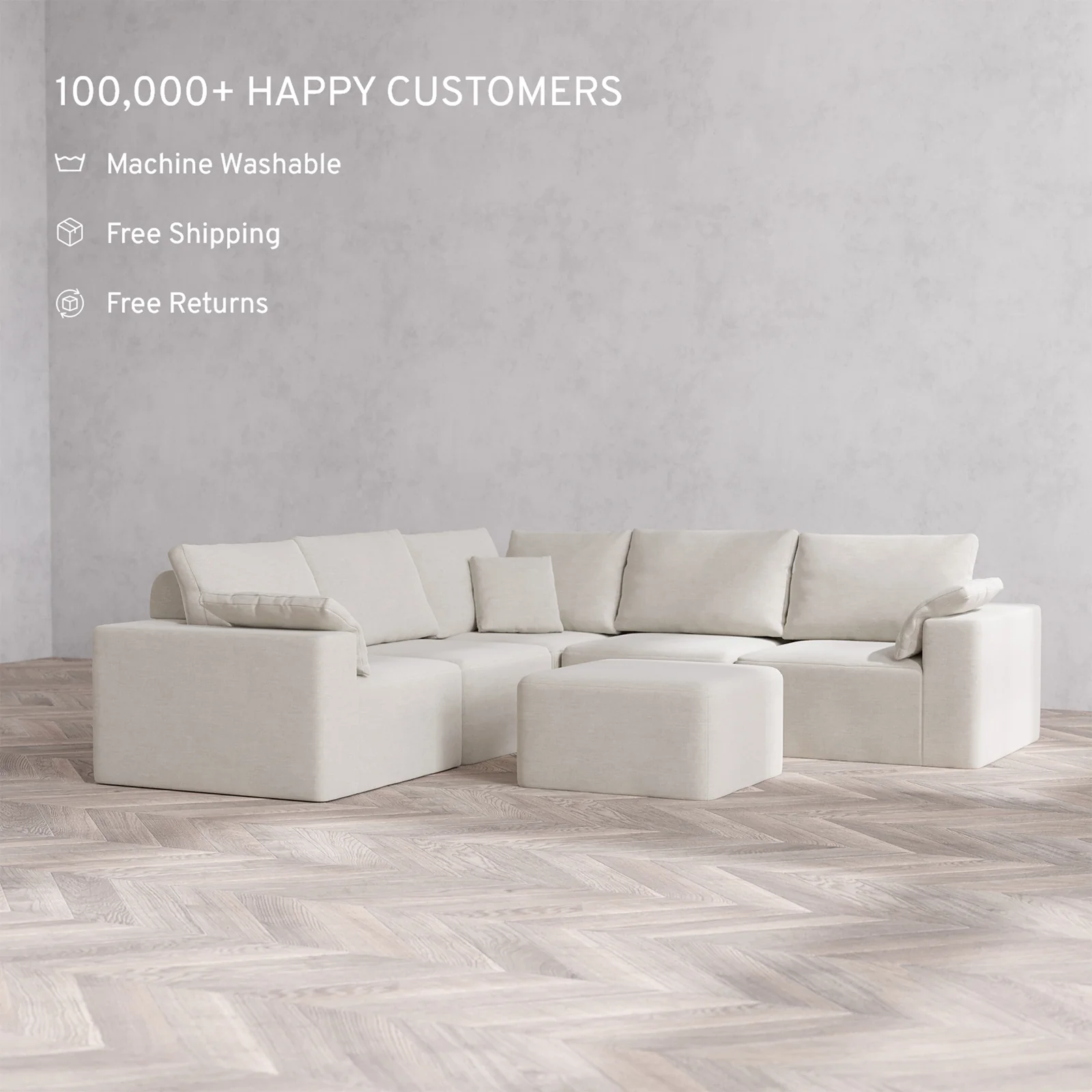 Slipcover Only - Modular Washable 5-Seater Corner Sectional + Ottoman Cloud + Bolster Sofa in Cashew - Image 2