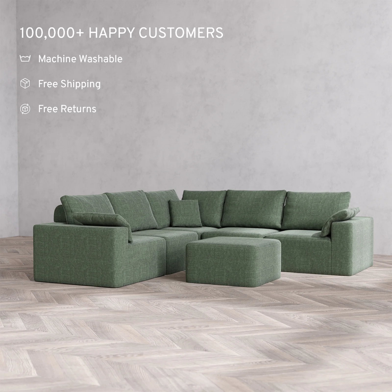 Slipcover Only - Modular Washable 5-Seater Corner Sectional + Ottoman Cloud + Bolster Sofa in Sage - Image 2