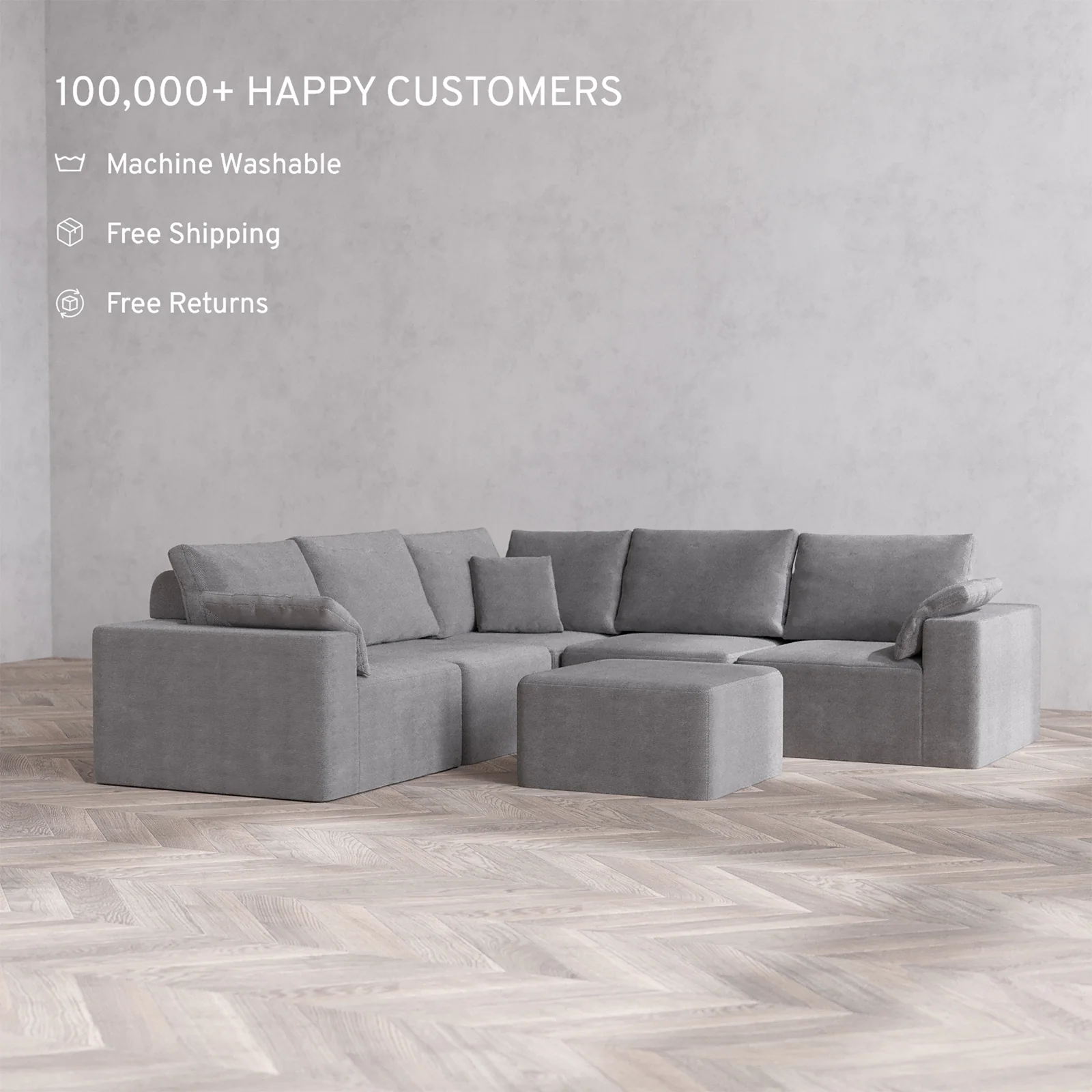 Slipcover Only - Modular Washable 5-Seater Corner Sectional + Ottoman Cloud + Bolster Sofa in Slate - Image 2