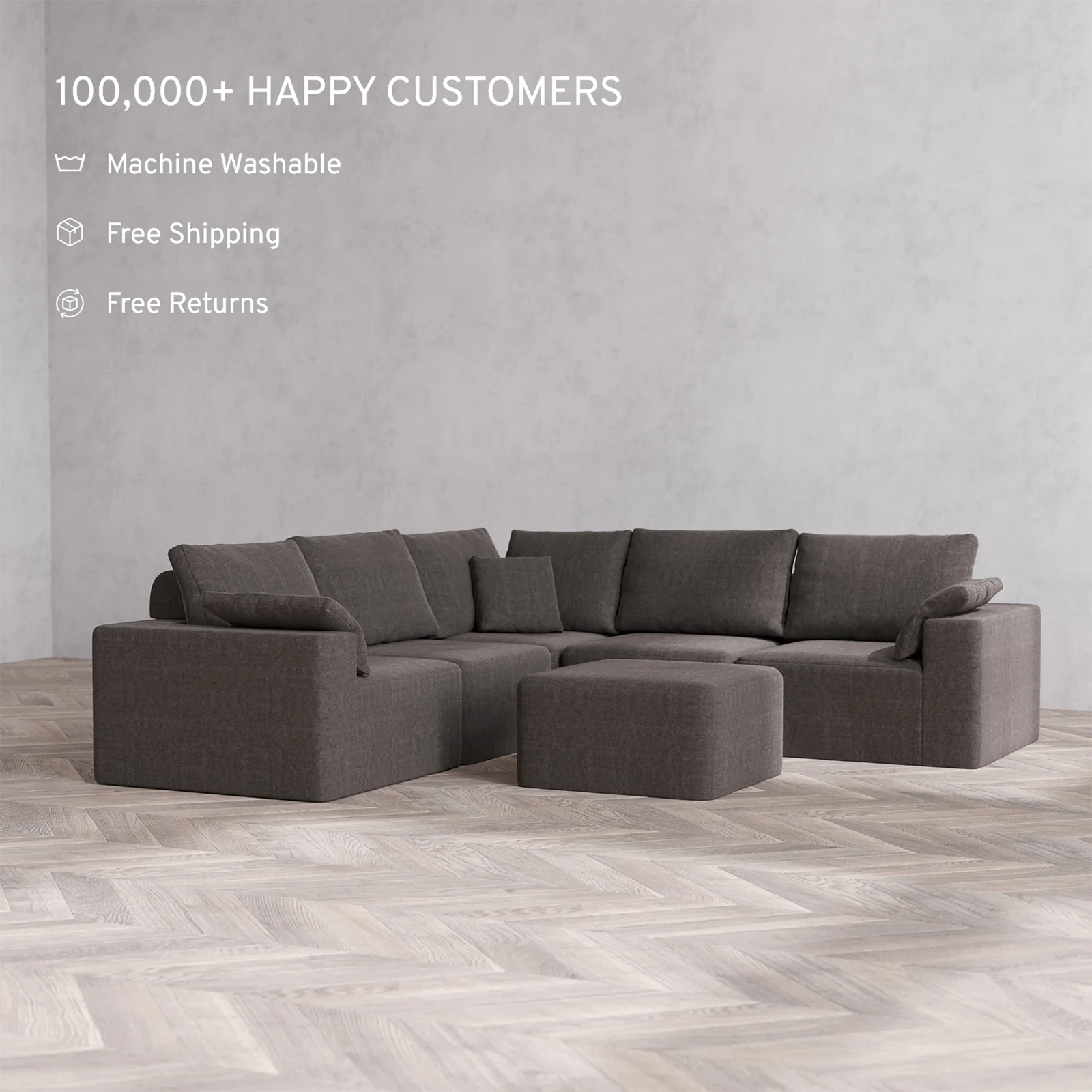 Slipcover Only - Modular Washable 5-Seater Corner Sectional + Ottoman Cloud + Bolster Sofa in Truffle - Image 2