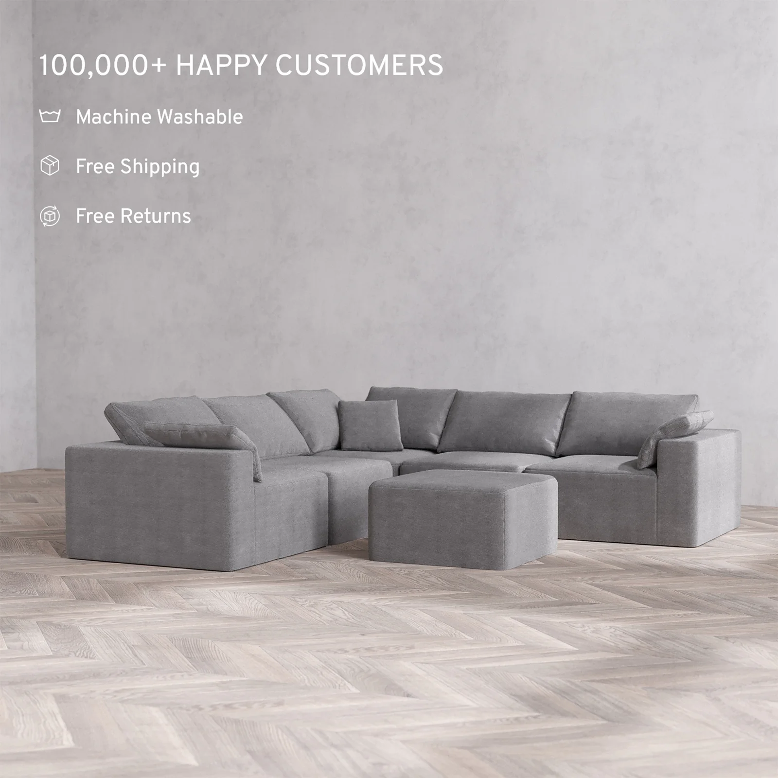 Slipcover Only - Modular Washable 5-Seater Corner Sectional + Ottoman Cloud Sofa in Slate - Image 2