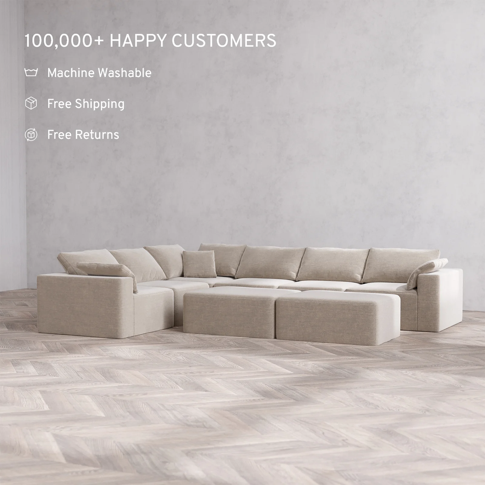 Slipcover Only - Modular Washable 6-Seater Corner Sectional + Chaise Ottoman Bench Cloud Sofa in Caraway - Image 2