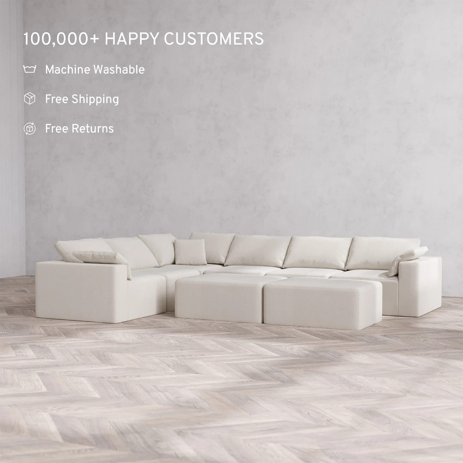 Slipcover Only - Modular Washable 6-Seater Corner Sectional + Chaise Ottoman Bench Cloud Sofa in Pearl - Image 2