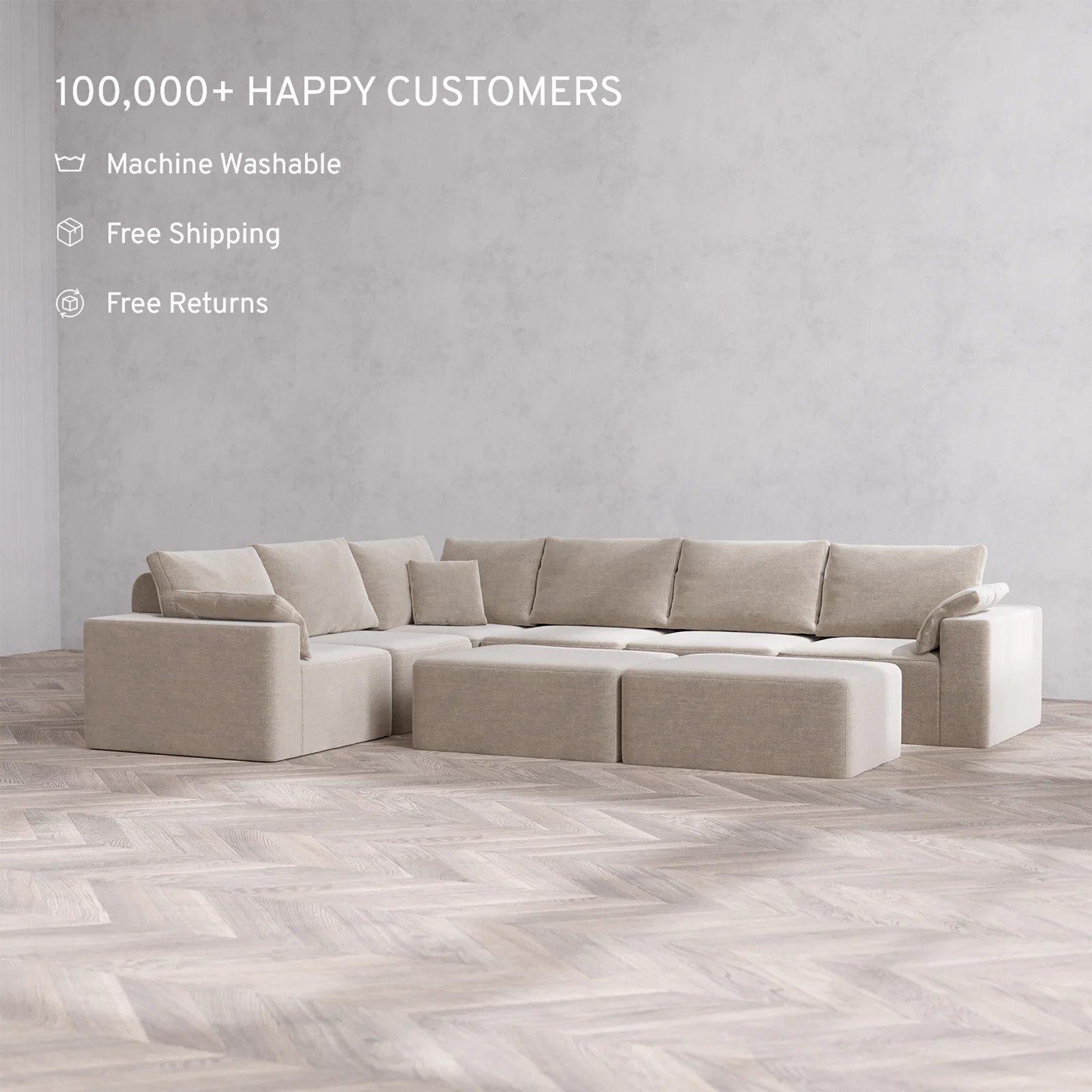 Slipcover Only - Modular Washable 6-Seater Corner Sectional + Chaise Ottoman Bench Cloud + Bolster Sofa in Caraway - Image 2