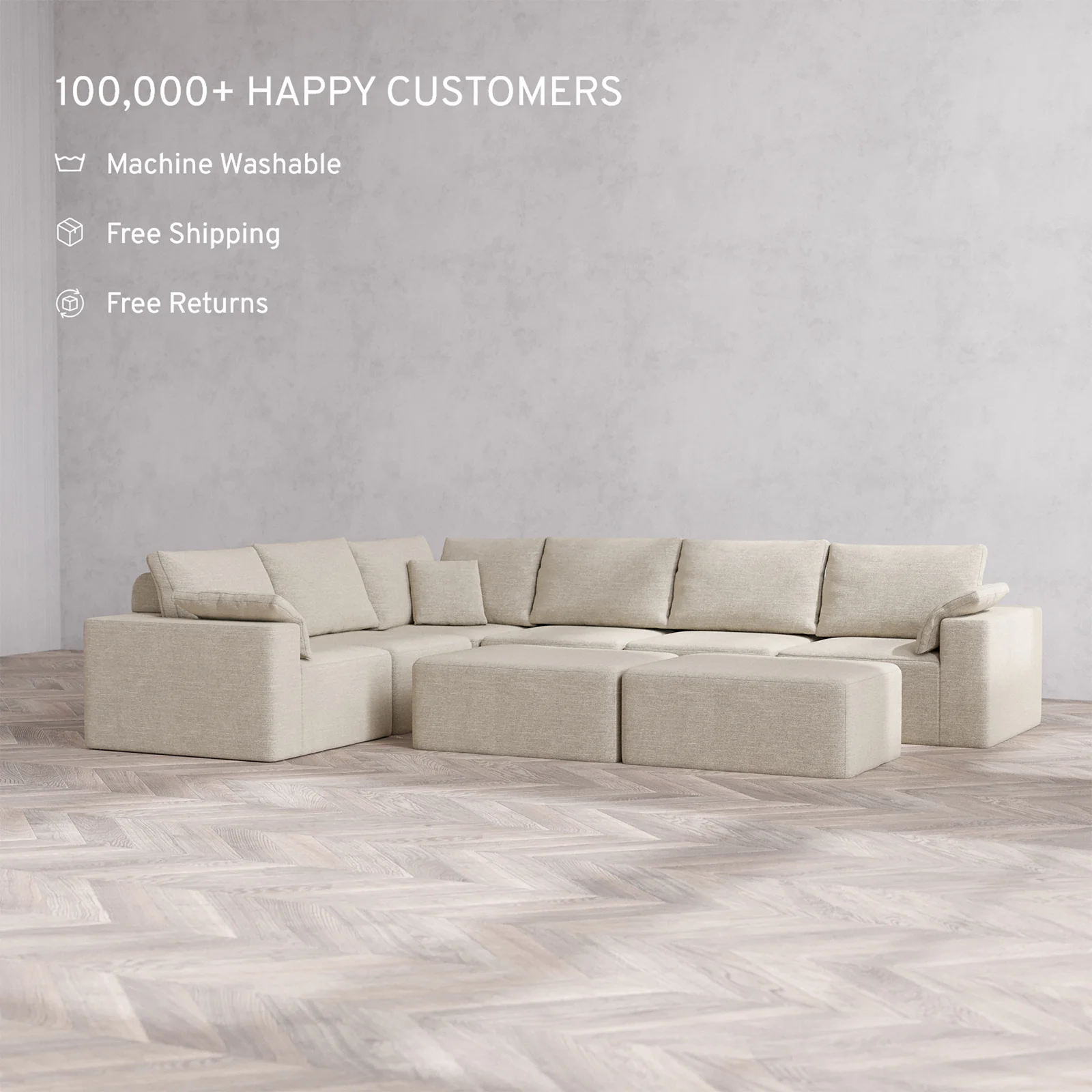 Slipcover Only - Modular Washable 6-Seater Corner Sectional + Chaise Ottoman Bench Cloud + Bolster Sofa in Sandstone - Image 2