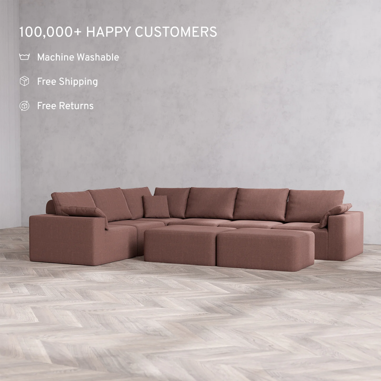 Slipcover Only - Modular Washable 6-Seater Corner Sectional + Chaise Ottoman Bench Cloud + Bolster Sofa in Sumac - Image 2